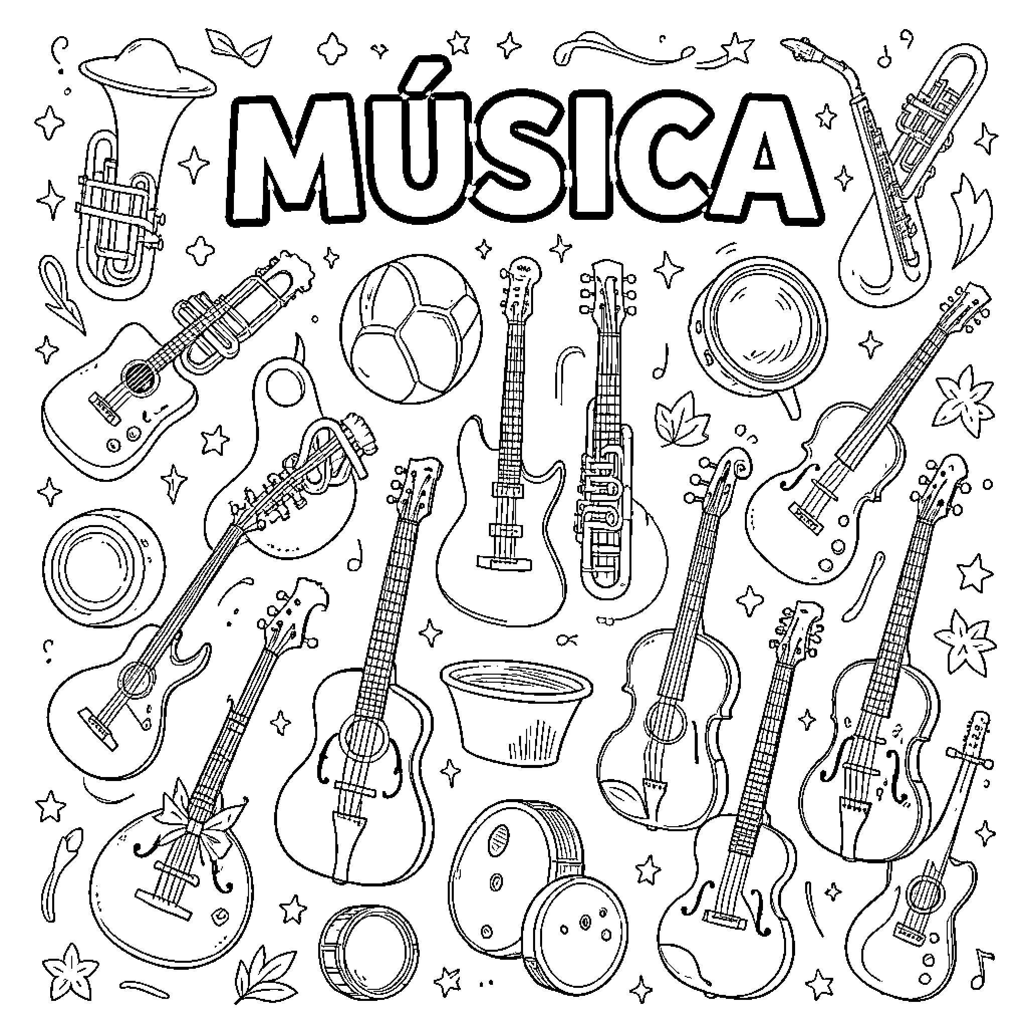 Music instruments scattered in a playful doodle scene Coloring Page (free black-and-white line drawing printable PDF for all, from beginners to advanced learners, including children, teens, adults, and seniors)