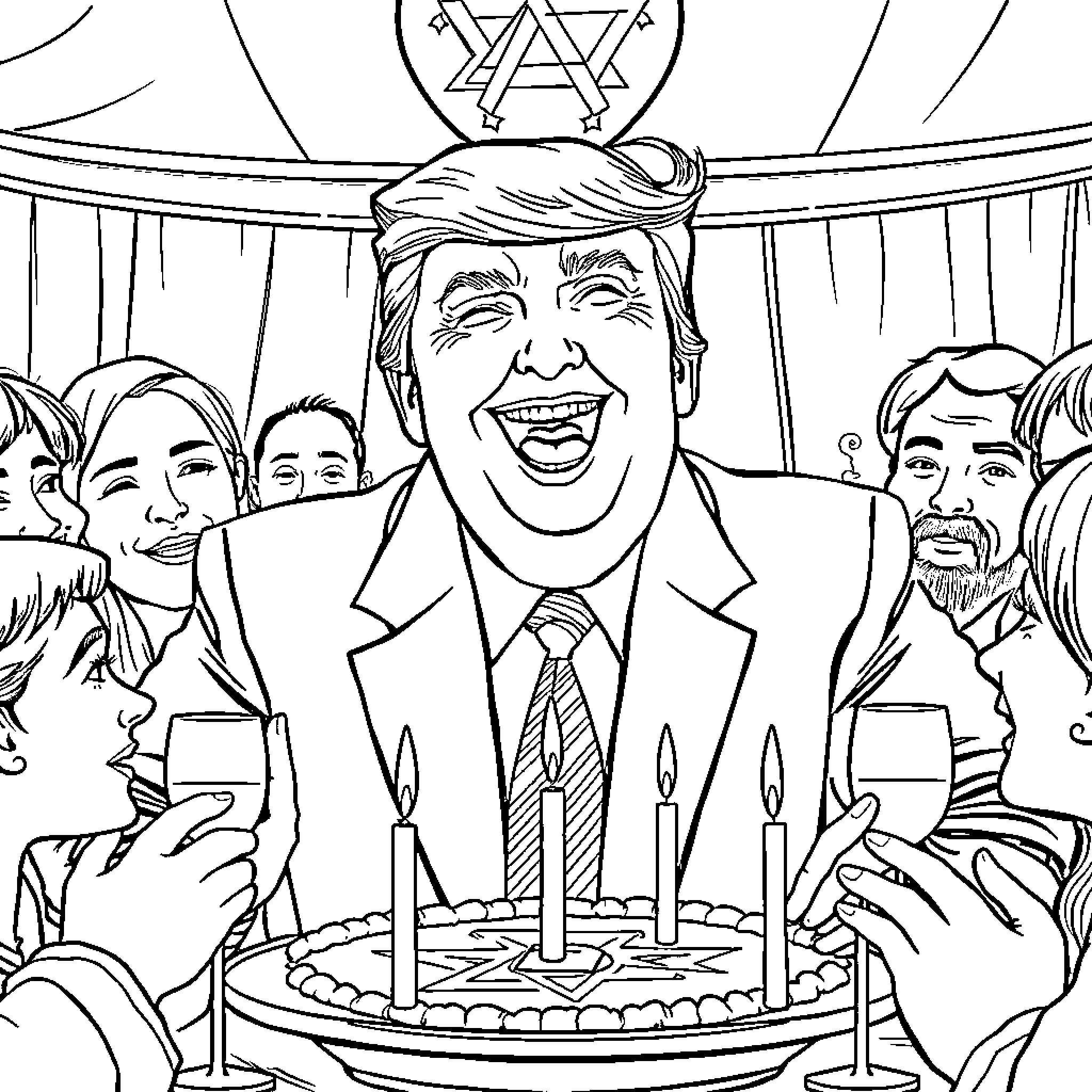 Donald Trump celebrating his birthday with supporters Coloring Page (free black-and-white line drawing printable PDF for all, from beginners to advanced learners, including children, teens, adults, and seniors)