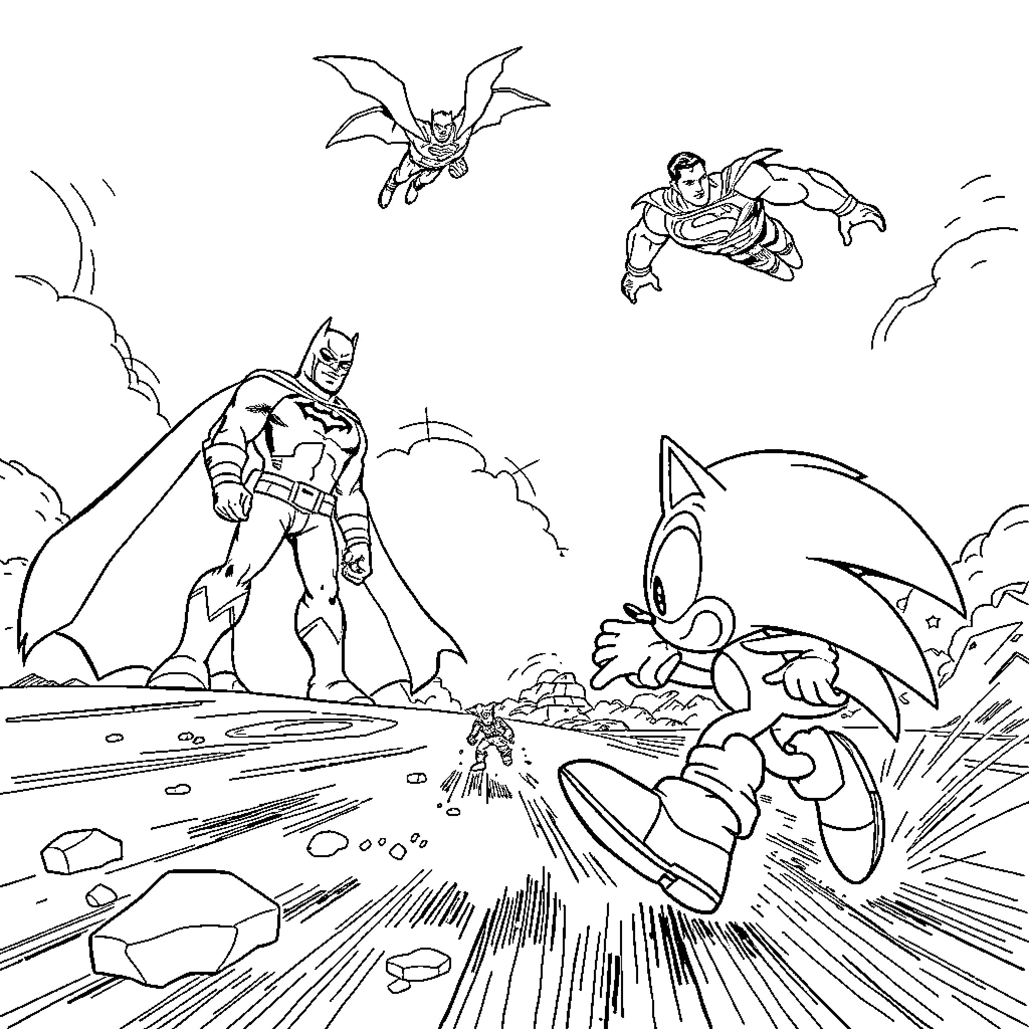Sonic and friends face off in epic adventure Coloring Page (free black-and-white line drawing printable PDF for all, from beginners to advanced learners, including children, teens, adults, and seniors)
