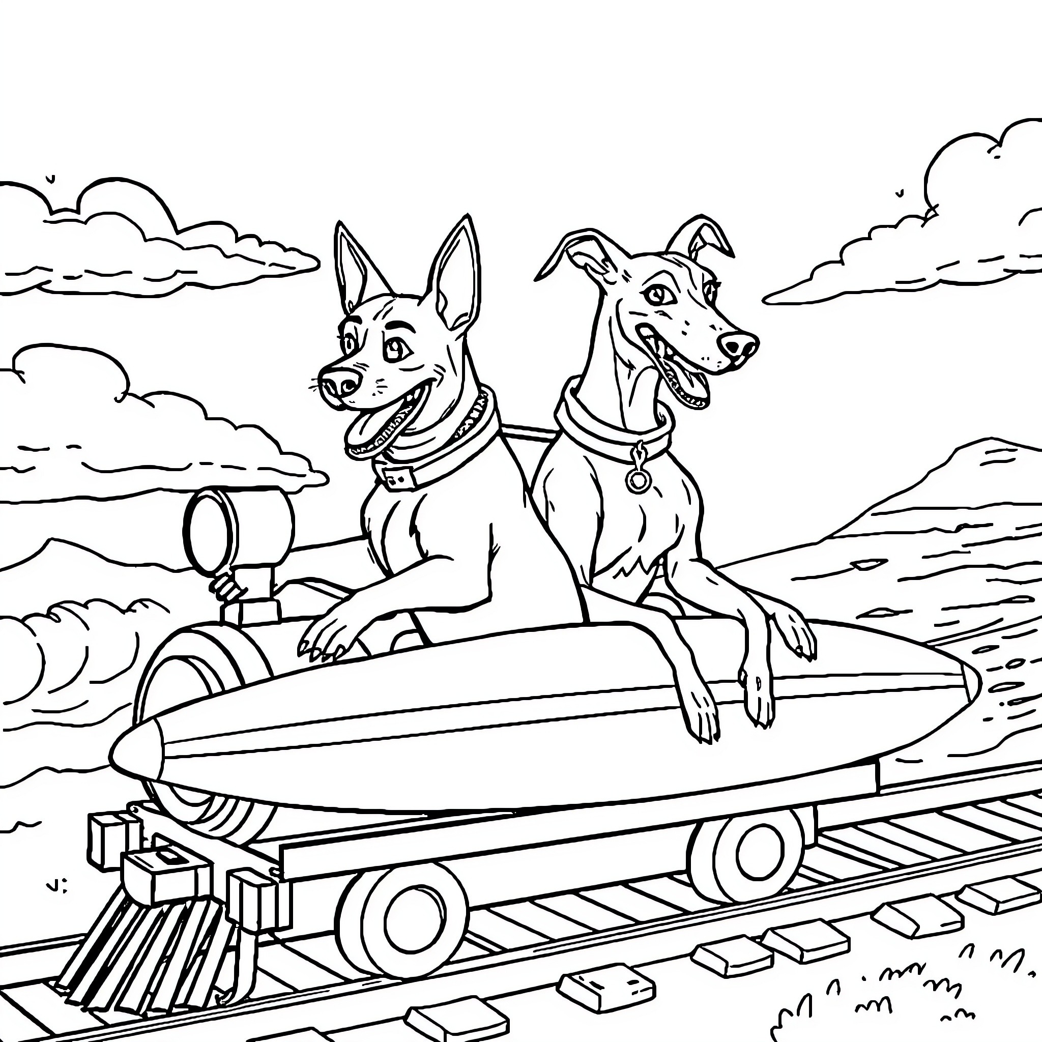 Dog riding on a train engine in the countryside Coloring Page (free black-and-white line drawing printable PDF for all, from beginners to advanced learners, including children, teens, adults, and seniors)