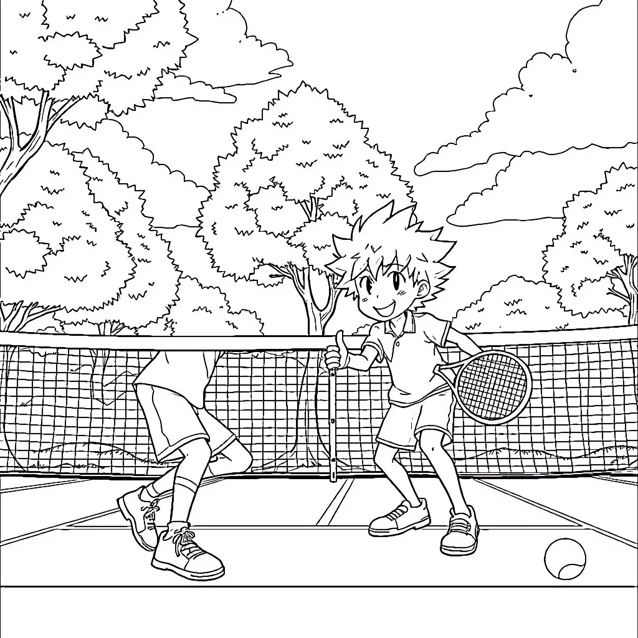 Gojo playing tennis on the court Coloring Page (free black-and-white line drawing printable PDF for all, from beginners to advanced learners, including children, teens, adults, and seniors)