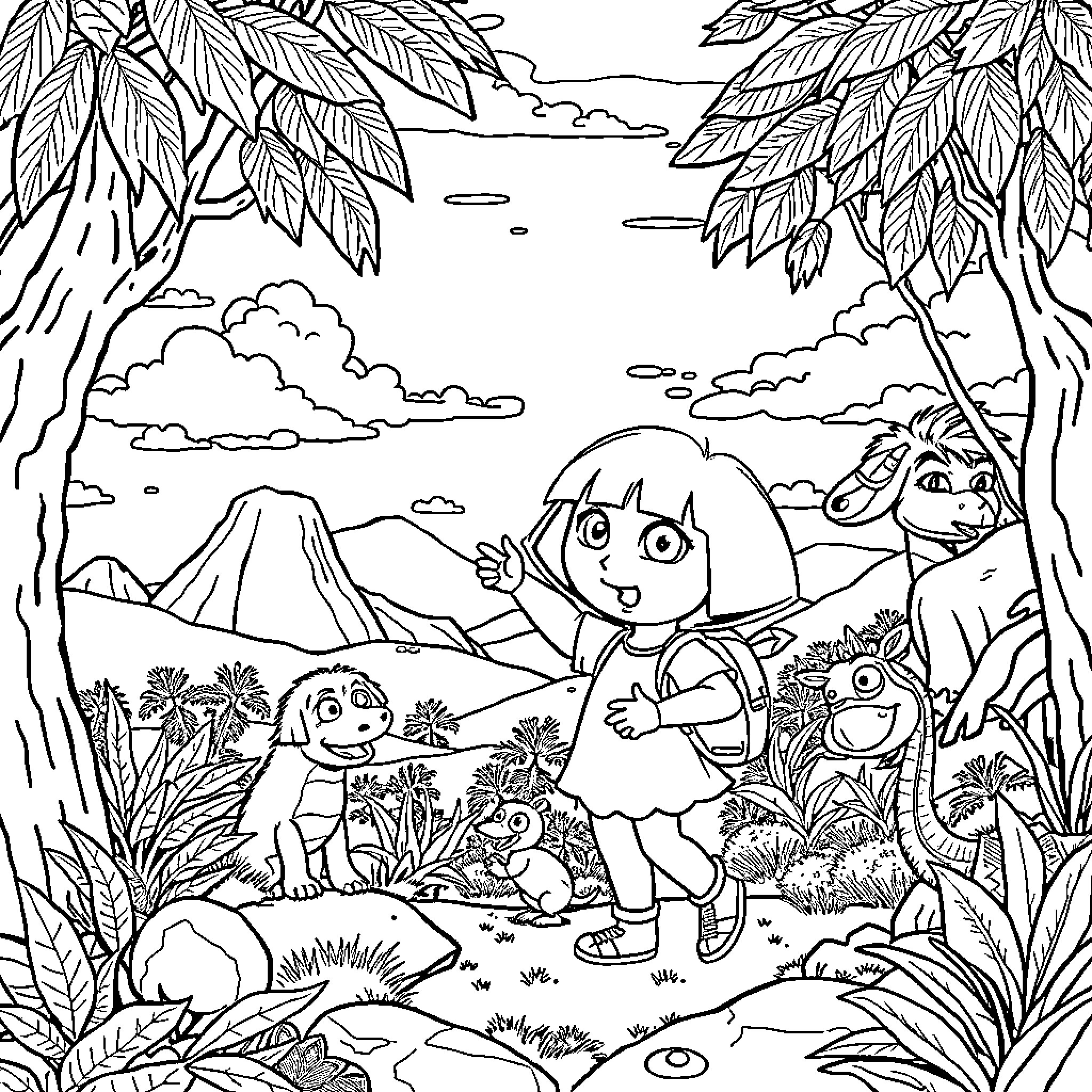 Dora's Adventure in the Lush Jungle Coloring Page (free black-and-white line drawing printable PDF for all, from beginners to advanced learners, including children, teens, adults, and seniors)