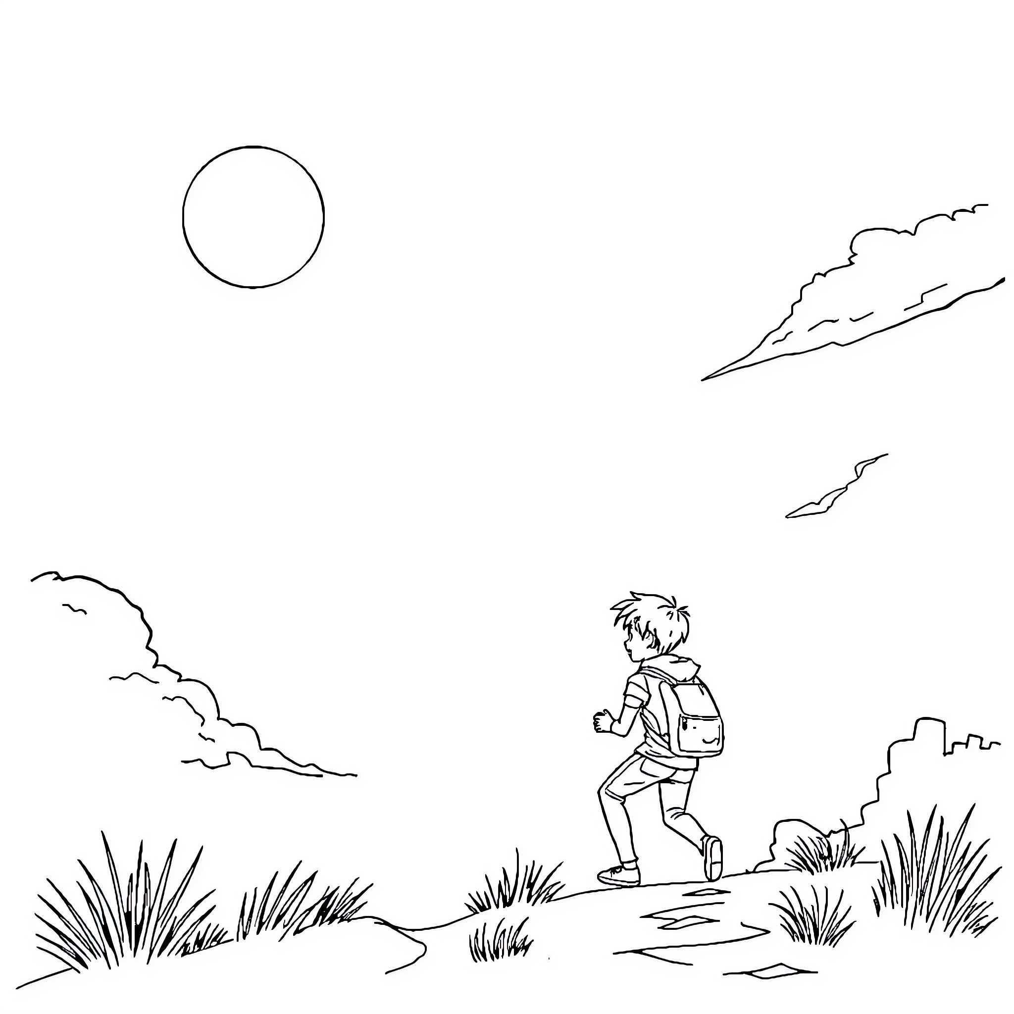 Brother walking alone on a path in nature Coloring Page (free black-and-white line drawing printable PDF for all, from beginners to advanced learners, including children, teens, adults, and seniors)