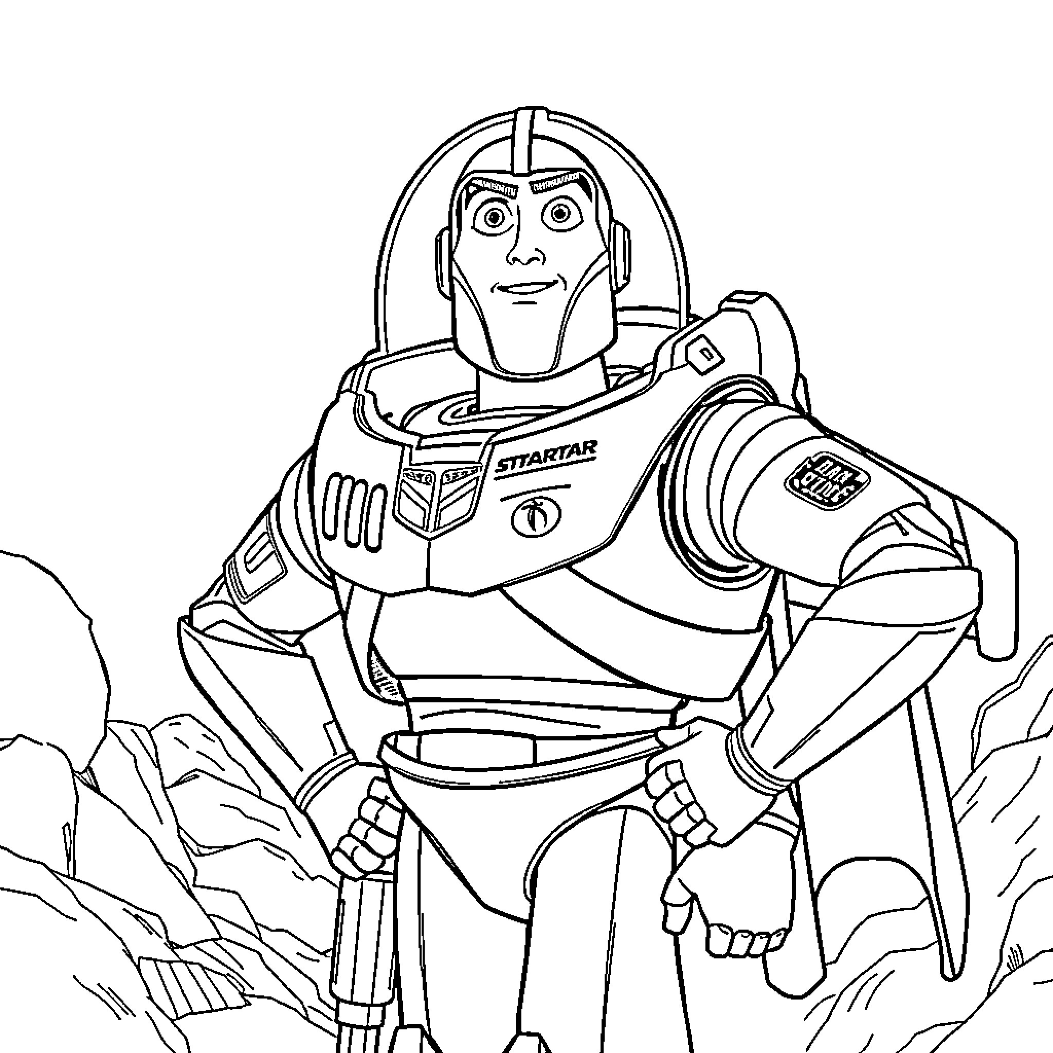 Buzz Lightyear in action-packed heroic pose Coloring Page (free black-and-white line drawing printable PDF for all, from beginners to advanced learners, including children, teens, adults, and seniors)