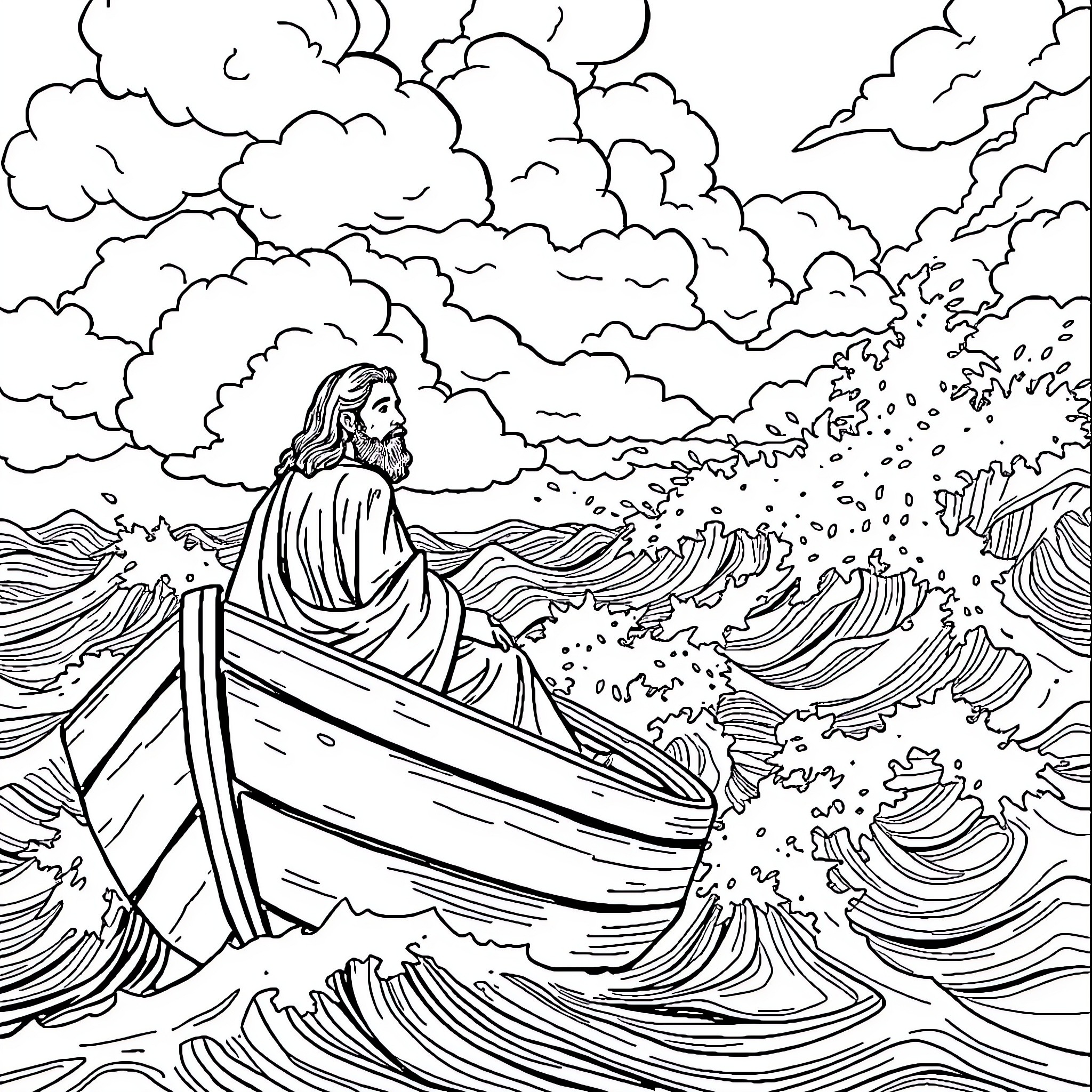 Jesus calms the stormy seas Coloring Page (free black-and-white line drawing printable PDF for all, from beginners to advanced learners, including children, teens, adults, and seniors)