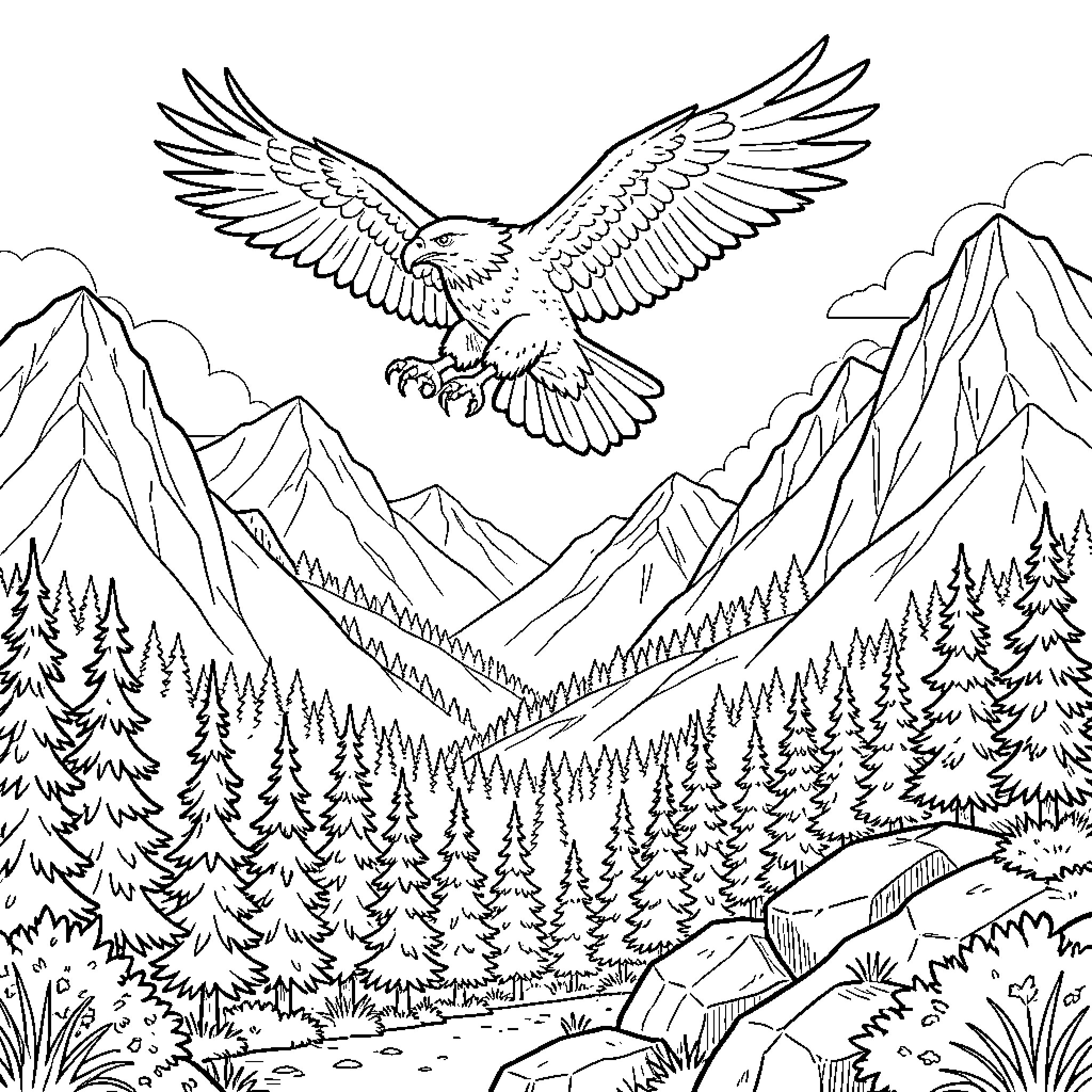 Eagle soaring majestically over a mountain forest landscape Coloring Page (free black-and-white line drawing printable PDF for all, from beginners to advanced learners, including children, teens, adults, and seniors)