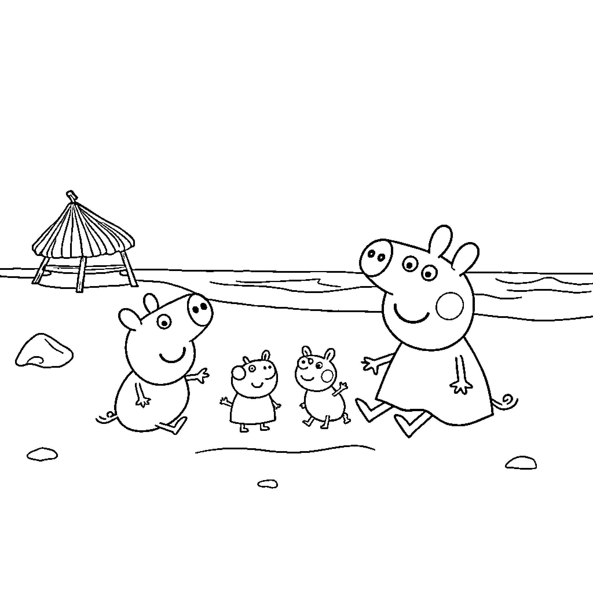 Peppa Pig and family playing at the beach Coloring Page (free black-and-white line drawing printable PDF for all, from beginners to advanced learners, including children, teens, adults, and seniors)