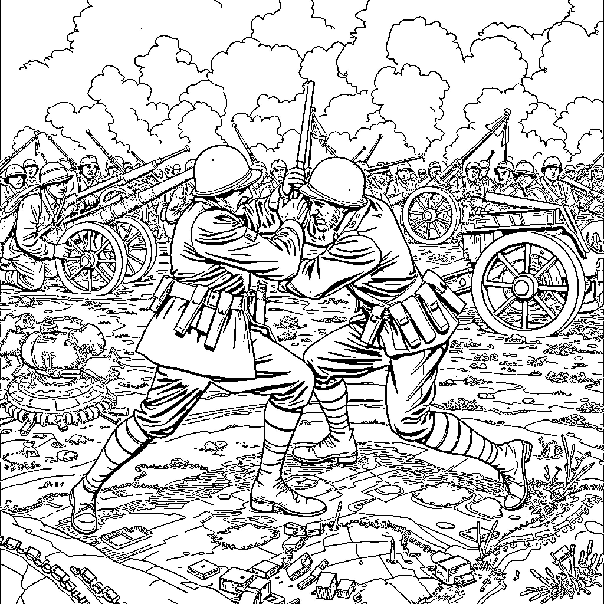 Soldier combat scene with artillery and war equipment Coloring Page (free black-and-white line drawing printable PDF for all, from beginners to advanced learners, including children, teens, adults, and seniors)