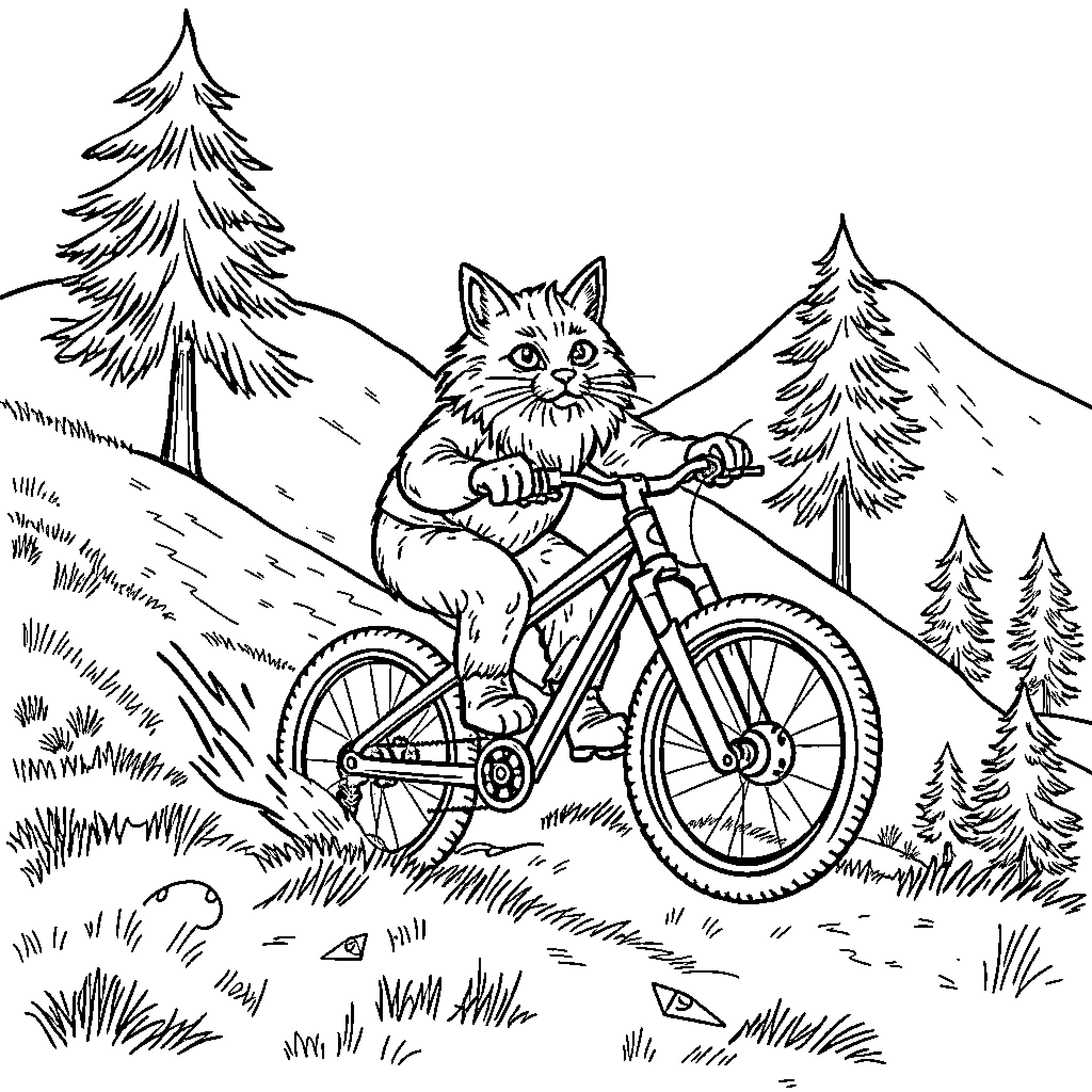 Cat riding a bicycle in the wilderness Coloring Page (free black-and-white line drawing printable PDF for all, from beginners to advanced learners, including children, teens, adults, and seniors)