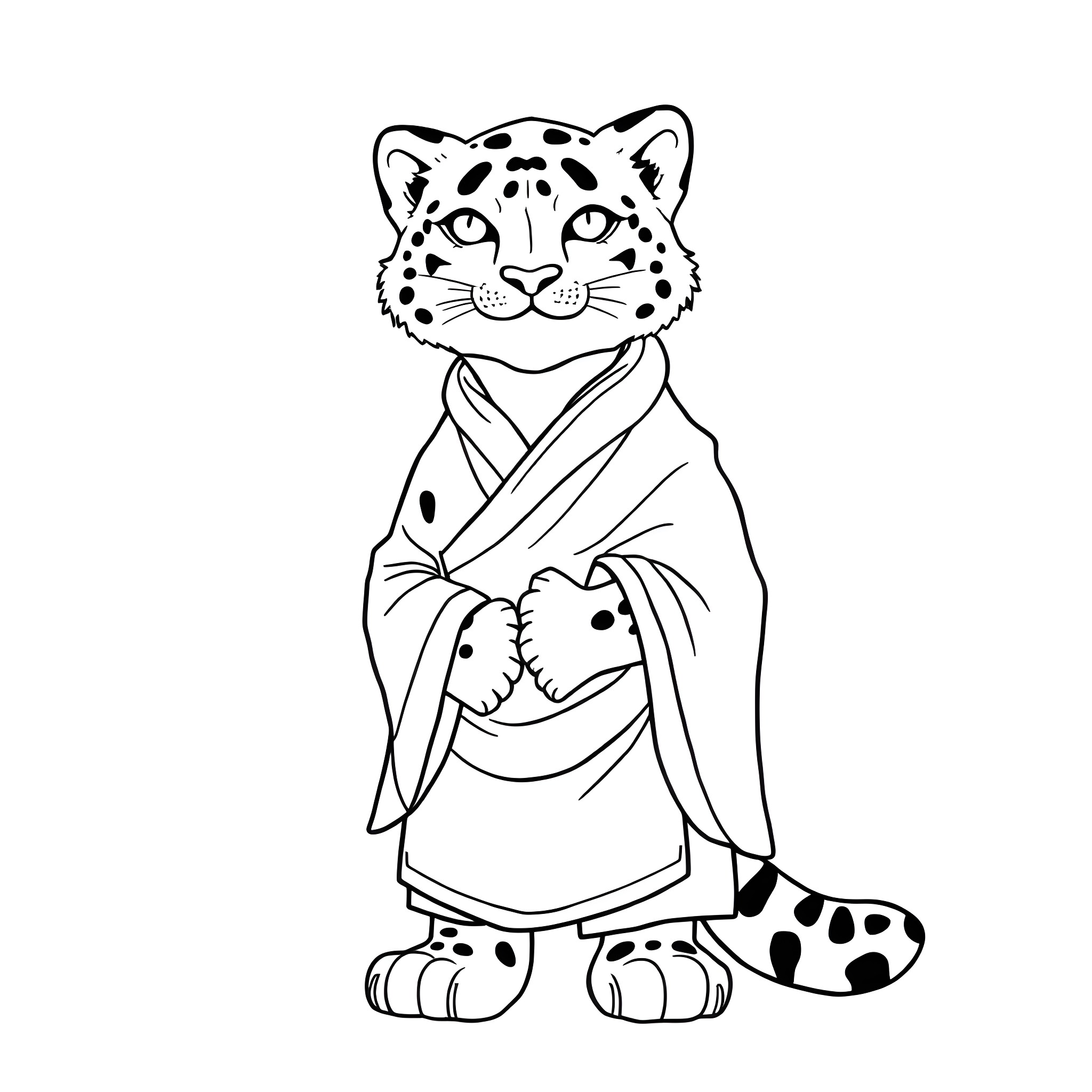 Snow Leopard in Kimono Coloring Page (free black-and-white line drawing printable PDF for all, from beginners to advanced learners, including children, teens, adults, and seniors)