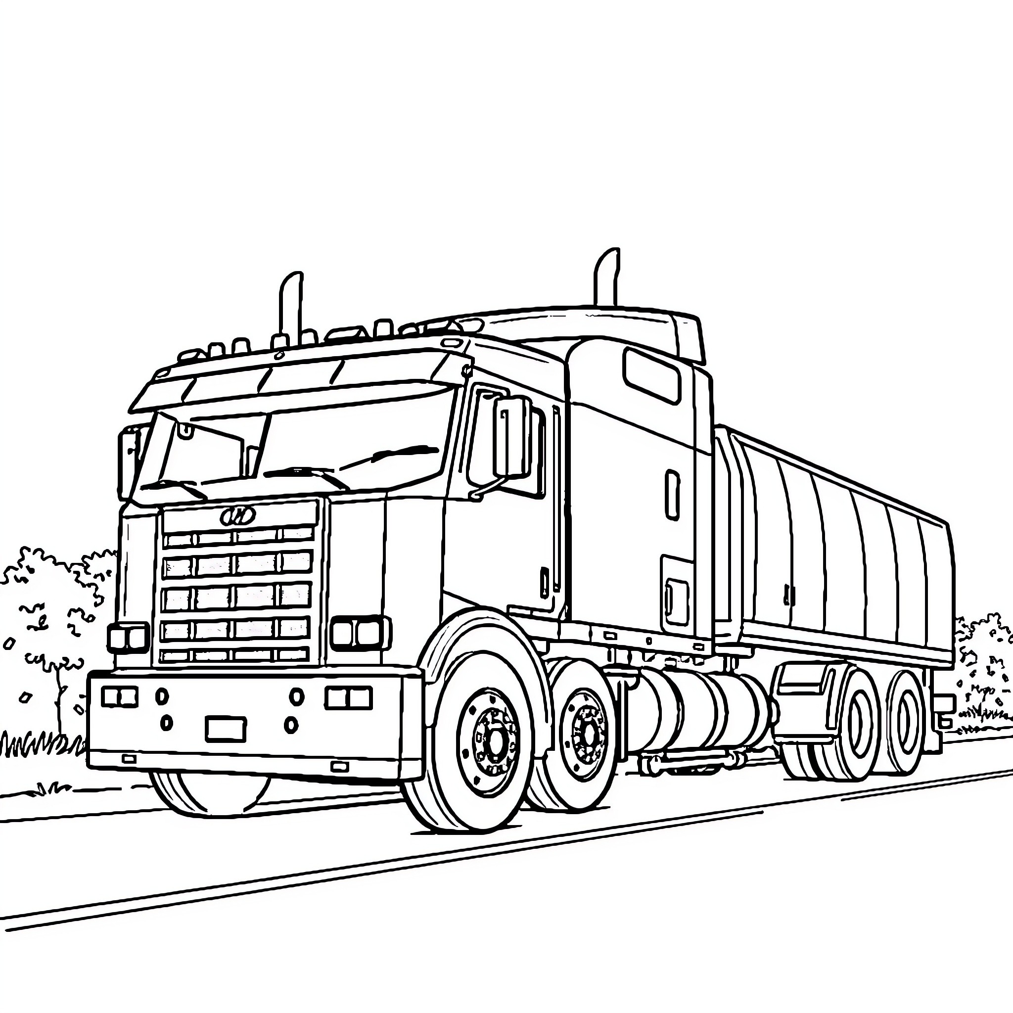 Truck transporting heavy cargo on the road Coloring Page (free black-and-white line drawing printable PDF for all, from beginners to advanced learners, including children, teens, adults, and seniors)