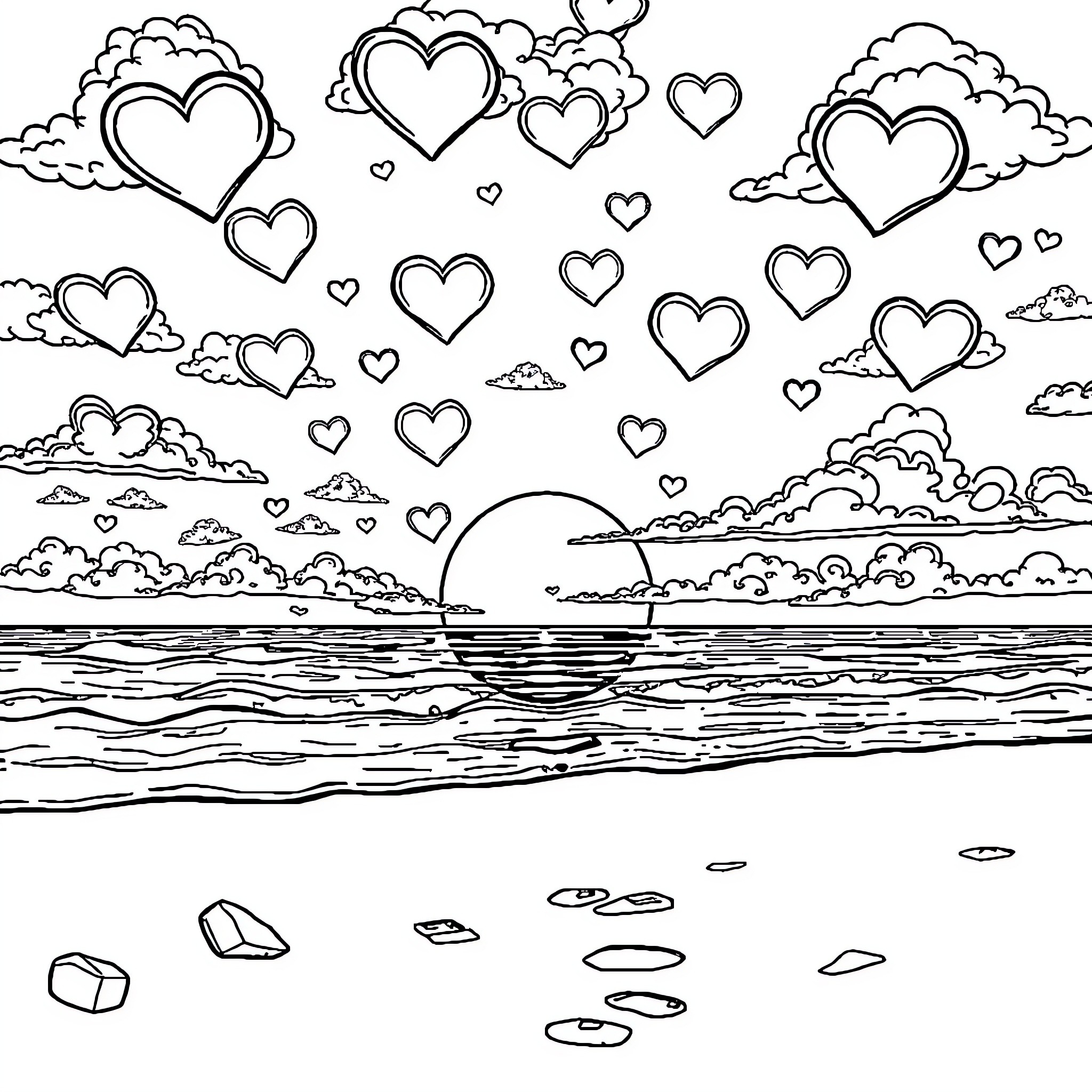 Heart-shaped Clouds Drifting Over Serene Ocean Sunset Coloring Page (free black-and-white line drawing printable PDF for all, from beginners to advanced learners, including children, teens, adults, and seniors)