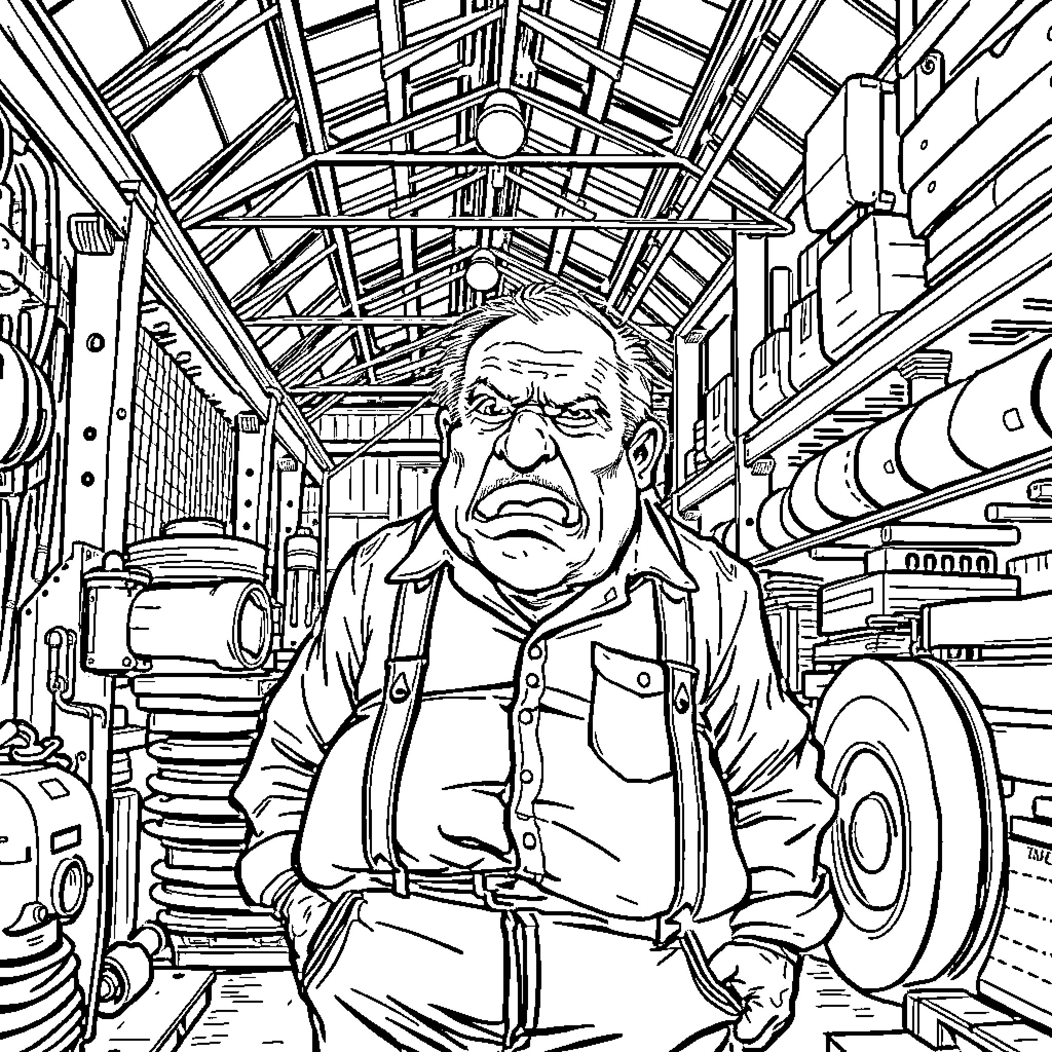 Man with a Stern Expression in a Cluttered Workshop Coloring Page (free black-and-white line drawing printable PDF for all, from beginners to advanced learners, including children, teens, adults, and seniors)