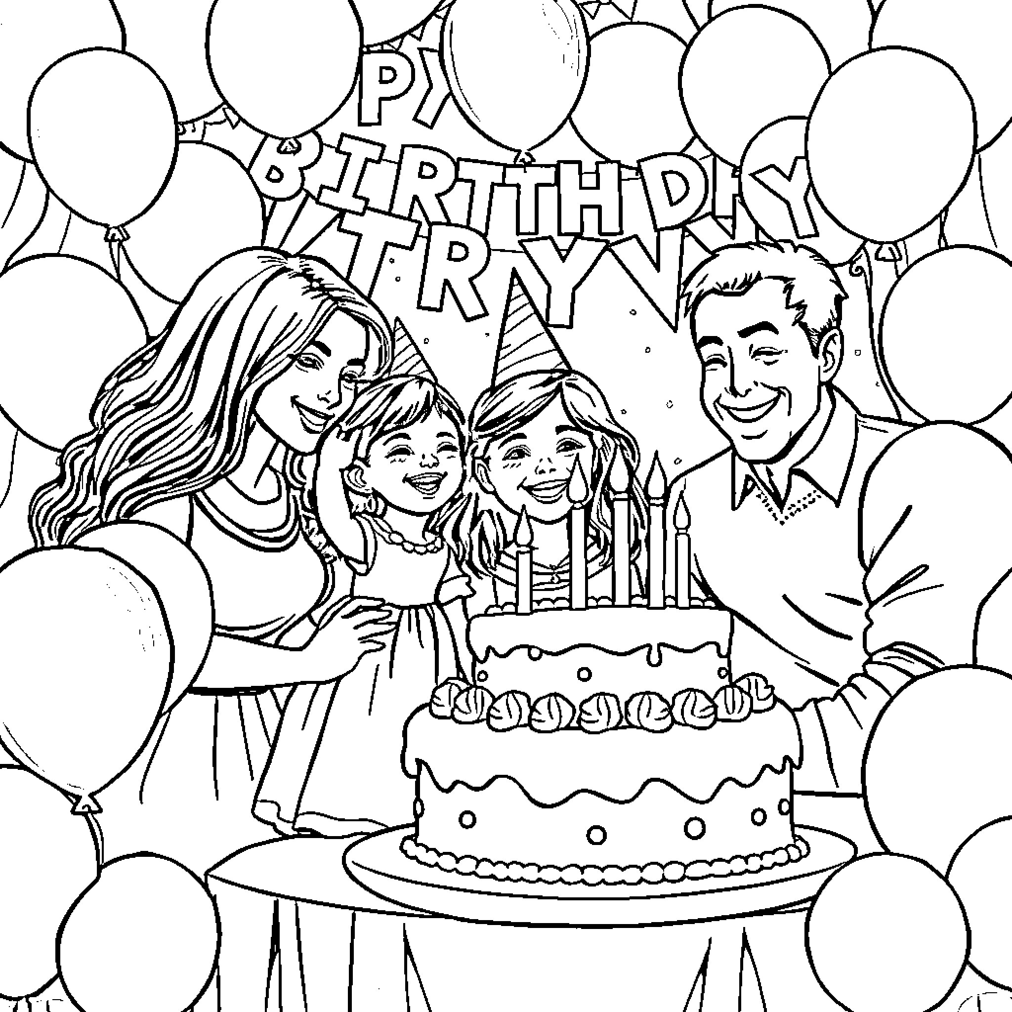 Birthday Party with Family and Cake Coloring Page (free black-and-white line drawing printable PDF for all, from beginners to advanced learners, including children, teens, adults, and seniors)
