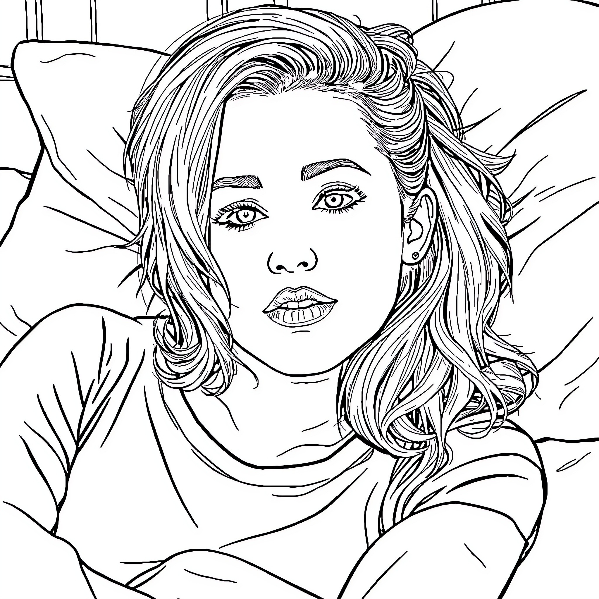 Miley Cyrus in pensive expression Coloring Page (free black-and-white line drawing printable PDF for all, from beginners to advanced learners, including children, teens, adults, and seniors)