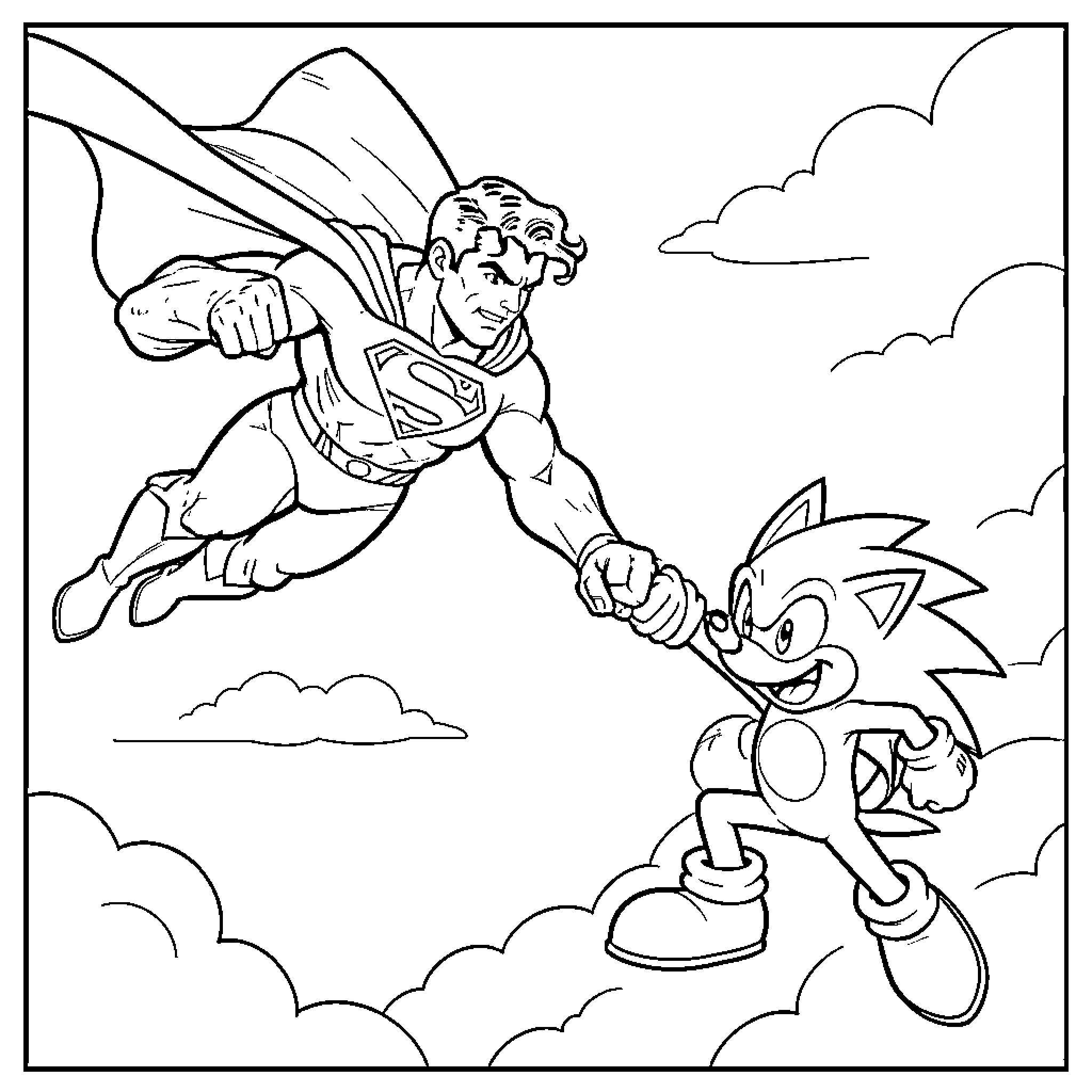 Superman flying and reaching out to Sonic Coloring Page (free black-and-white line drawing printable PDF for all, from beginners to advanced learners, including children, teens, adults, and seniors)