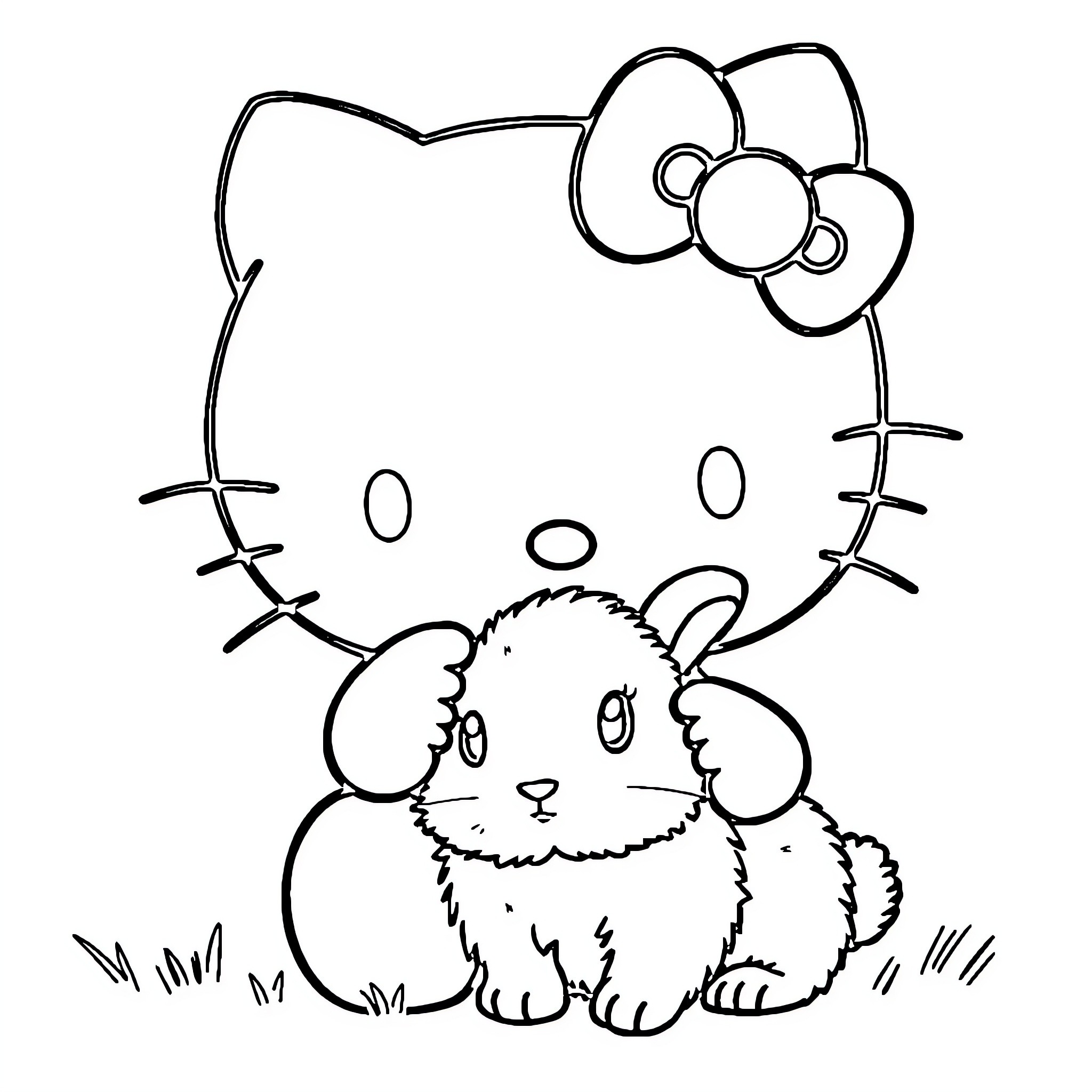 Hello Kitty playing with a fluffy bunny Coloring Page (free black-and-white line drawing printable PDF for all, from beginners to advanced learners, including children, teens, adults, and seniors)