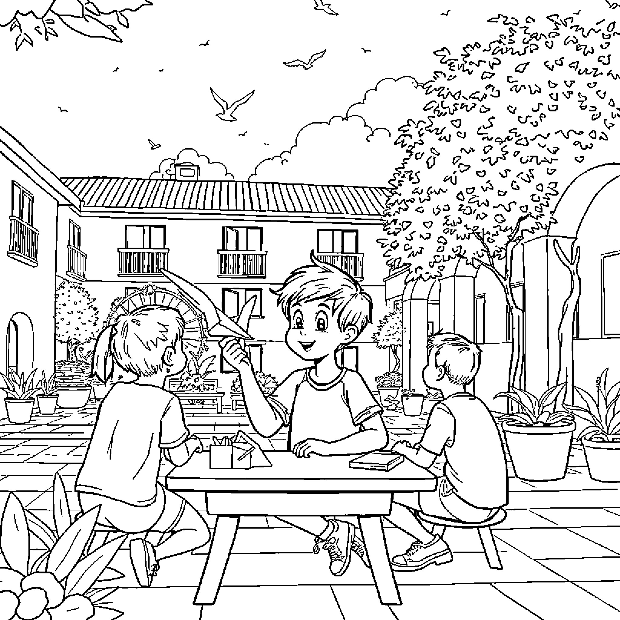 Niño's Fun Outdoor Gathering with Friends Coloring Page (free black-and-white line drawing printable PDF for all, from beginners to advanced learners, including children, teens, adults, and seniors)