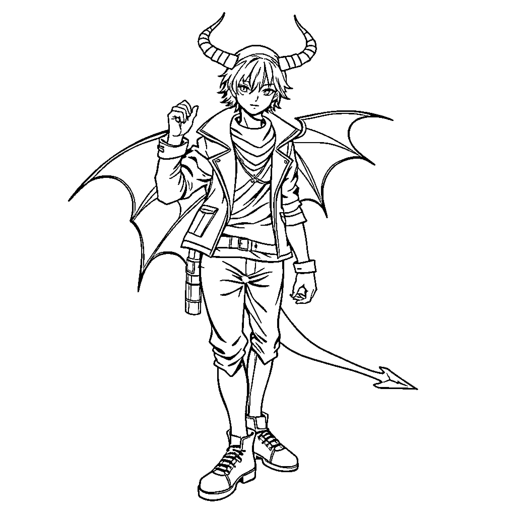 Demon Hunter with Wings and Sword Ready for Battle Coloring Page (free black-and-white line drawing printable PDF for all, from beginners to advanced learners, including children, teens, adults, and seniors)
