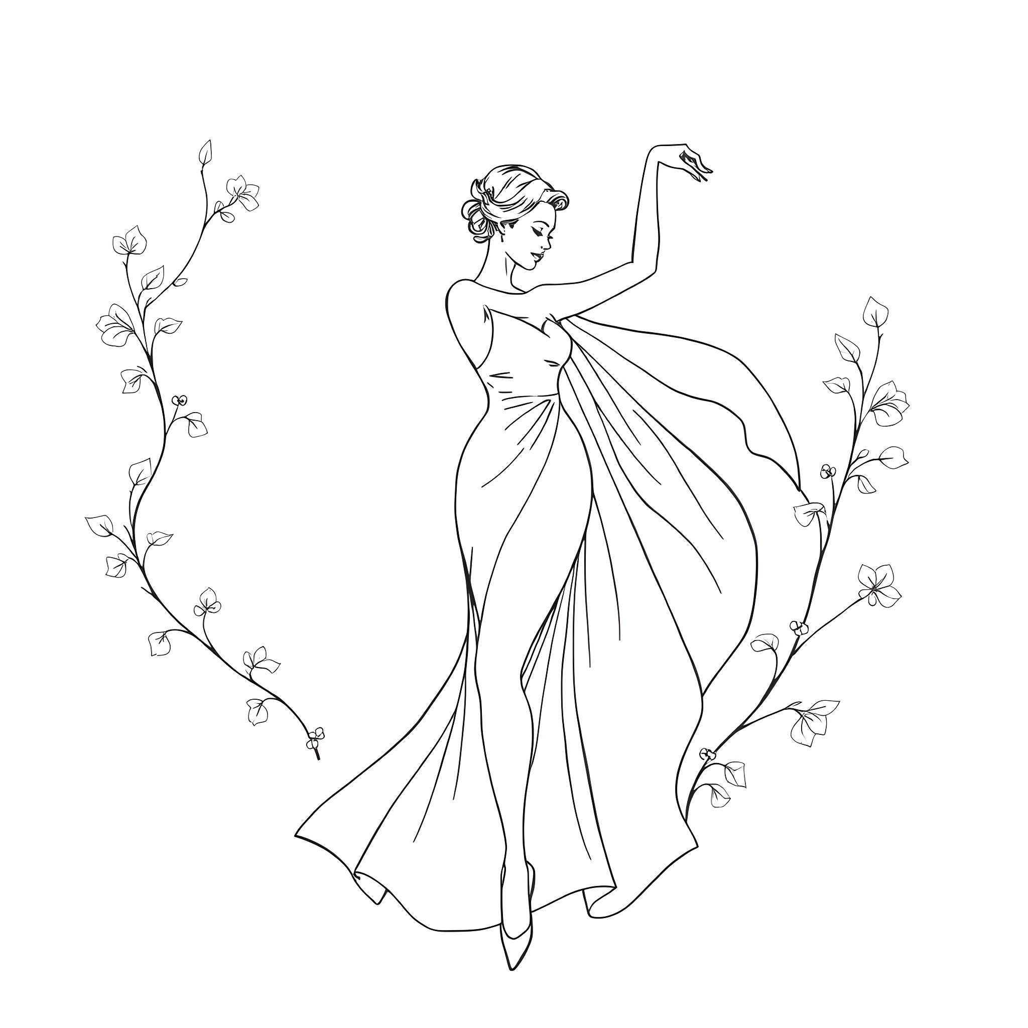 Selina Gomez dancing gracefully in a flowing gown Coloring Page (free black-and-white line drawing printable PDF for all, from beginners to advanced learners, including children, teens, adults, and seniors)