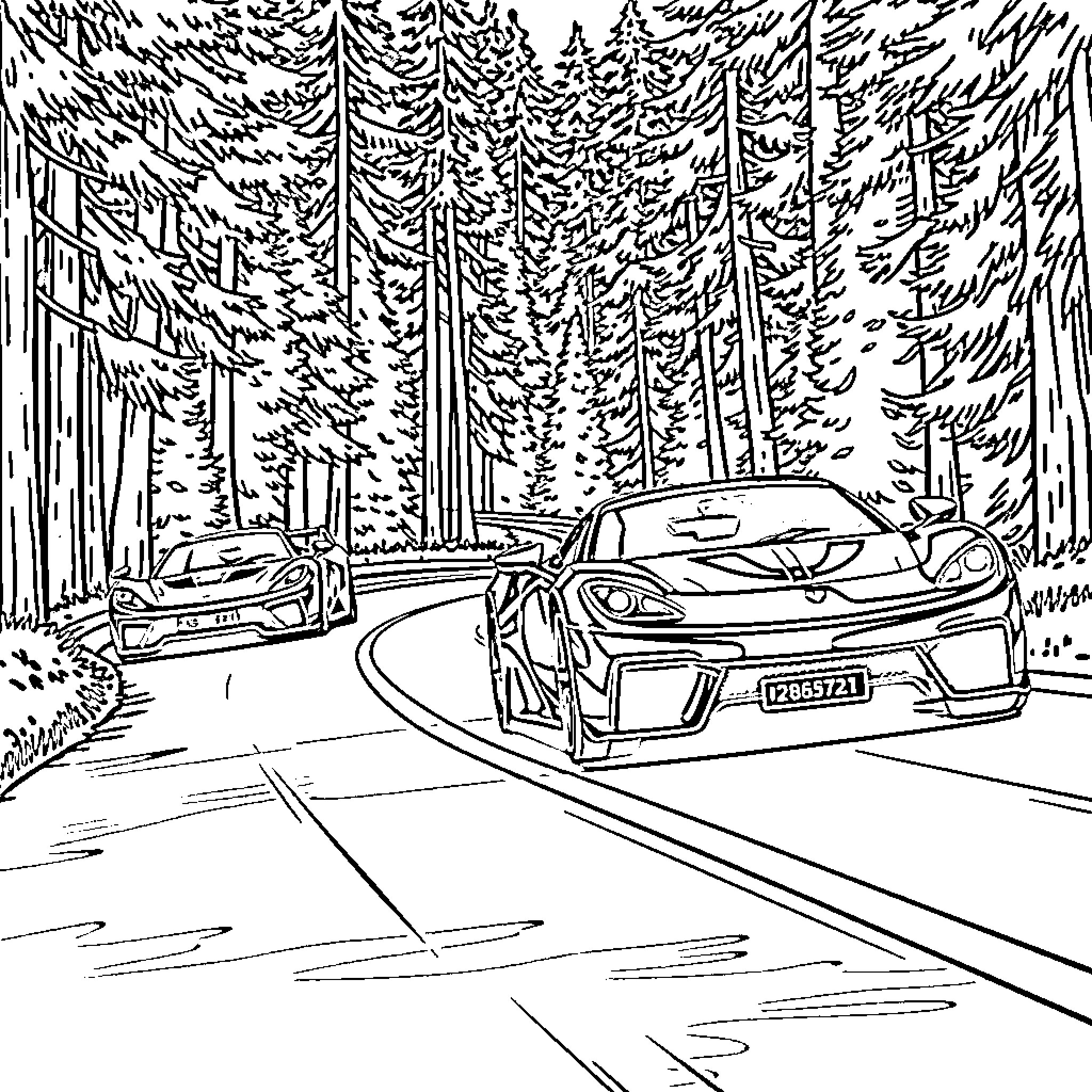 Sport Car speeding through a forest road Coloring Page (free black-and-white line drawing printable PDF for all, from beginners to advanced learners, including children, teens, adults, and seniors)