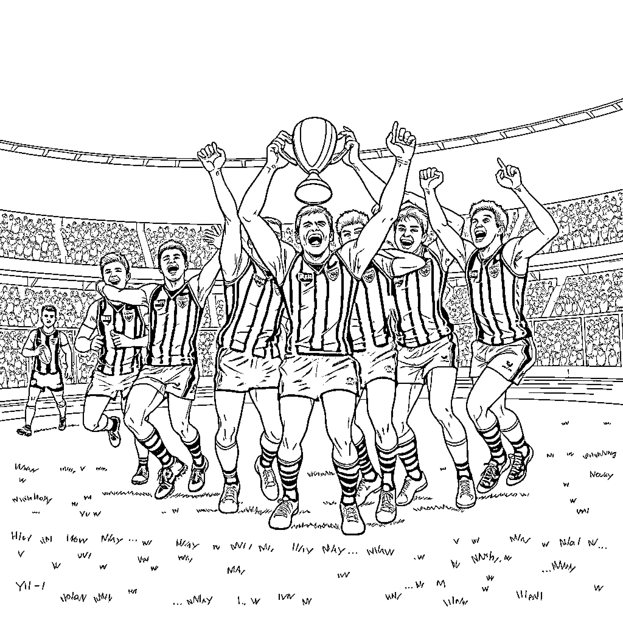 Footballer team celebrating victory with trophy in stadium Coloring Page (free black-and-white line drawing printable PDF for all, from beginners to advanced learners, including children, teens, adults, and seniors)