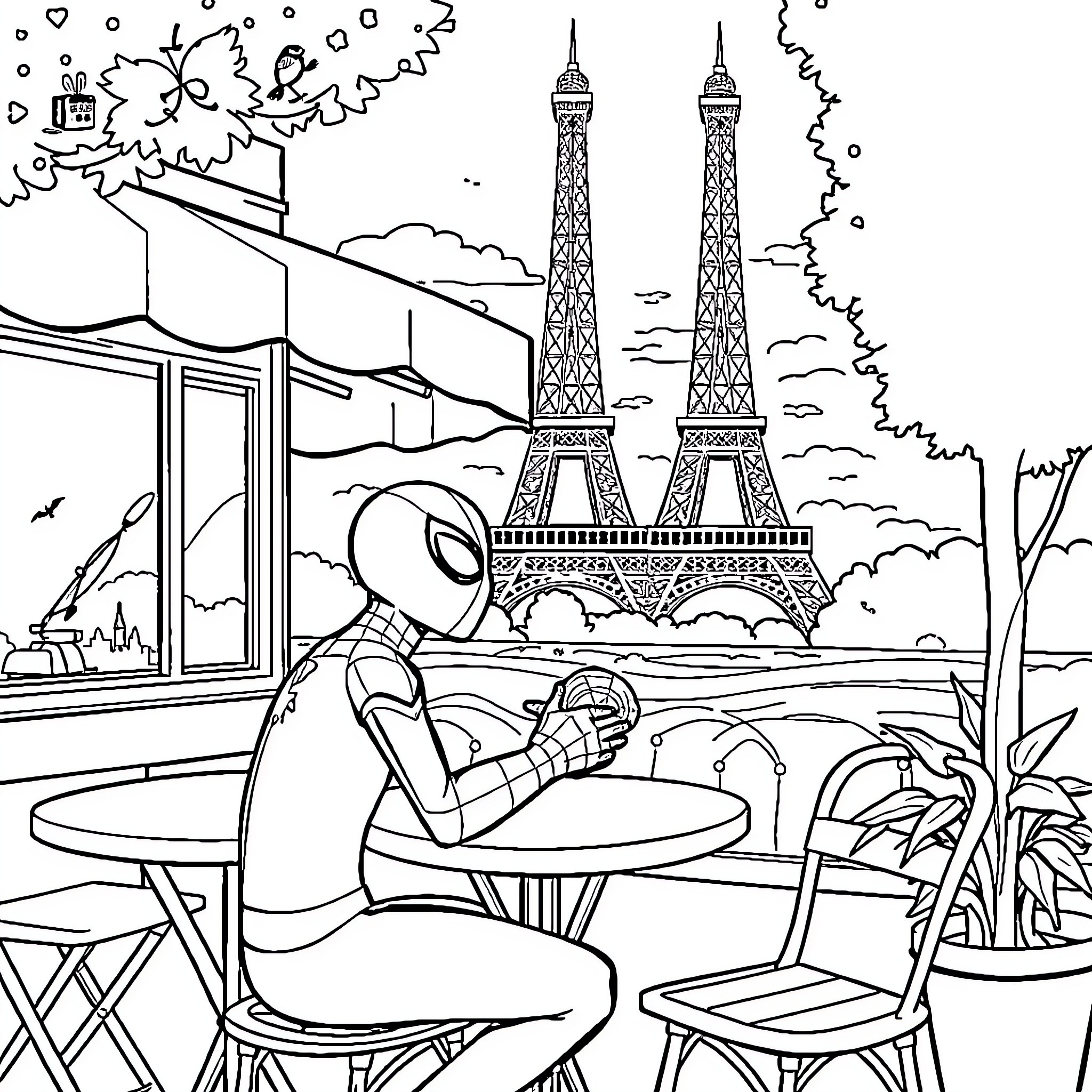 Spider-Man relaxing at a Parisian cafe Coloring Page (free black-and-white line drawing printable PDF for all, from beginners to advanced learners, including children, teens, adults, and seniors)