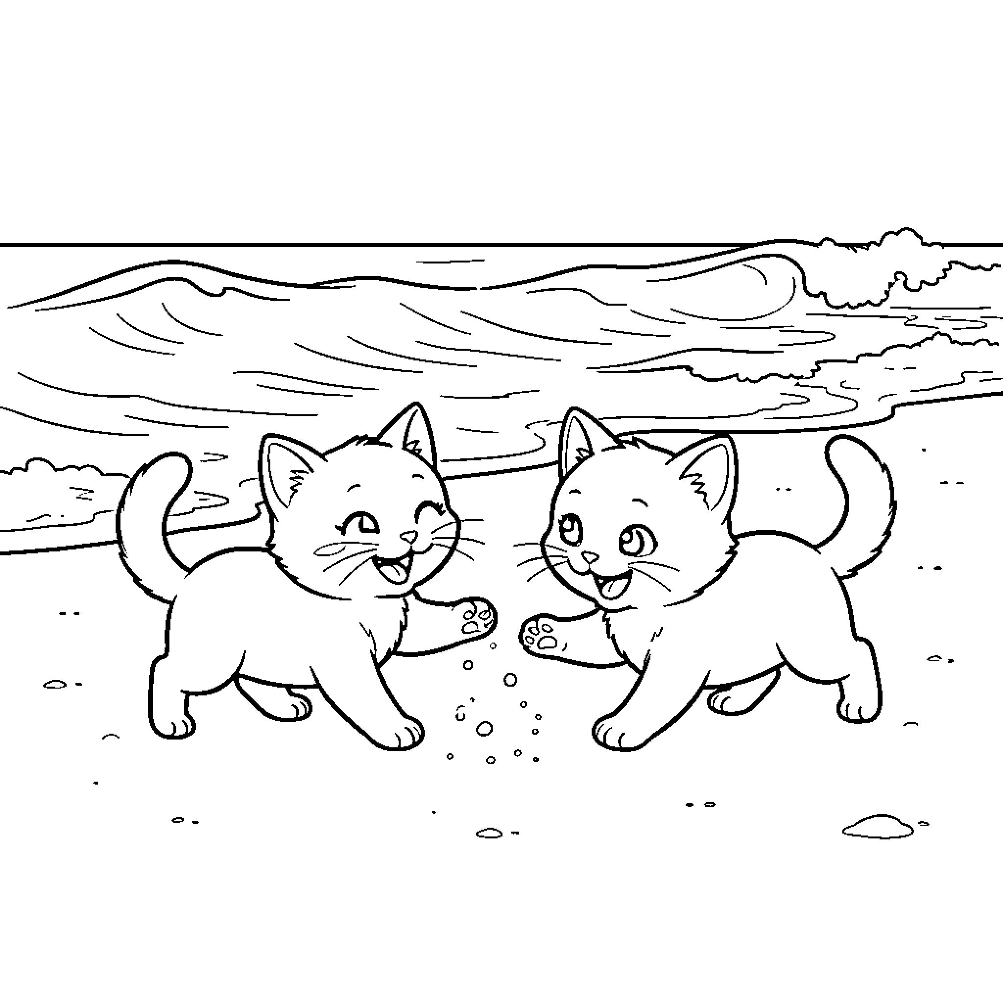 Kittens playing on the beach Coloring Page (free black-and-white line drawing printable PDF for all, from beginners to advanced learners, including children, teens, adults, and seniors)