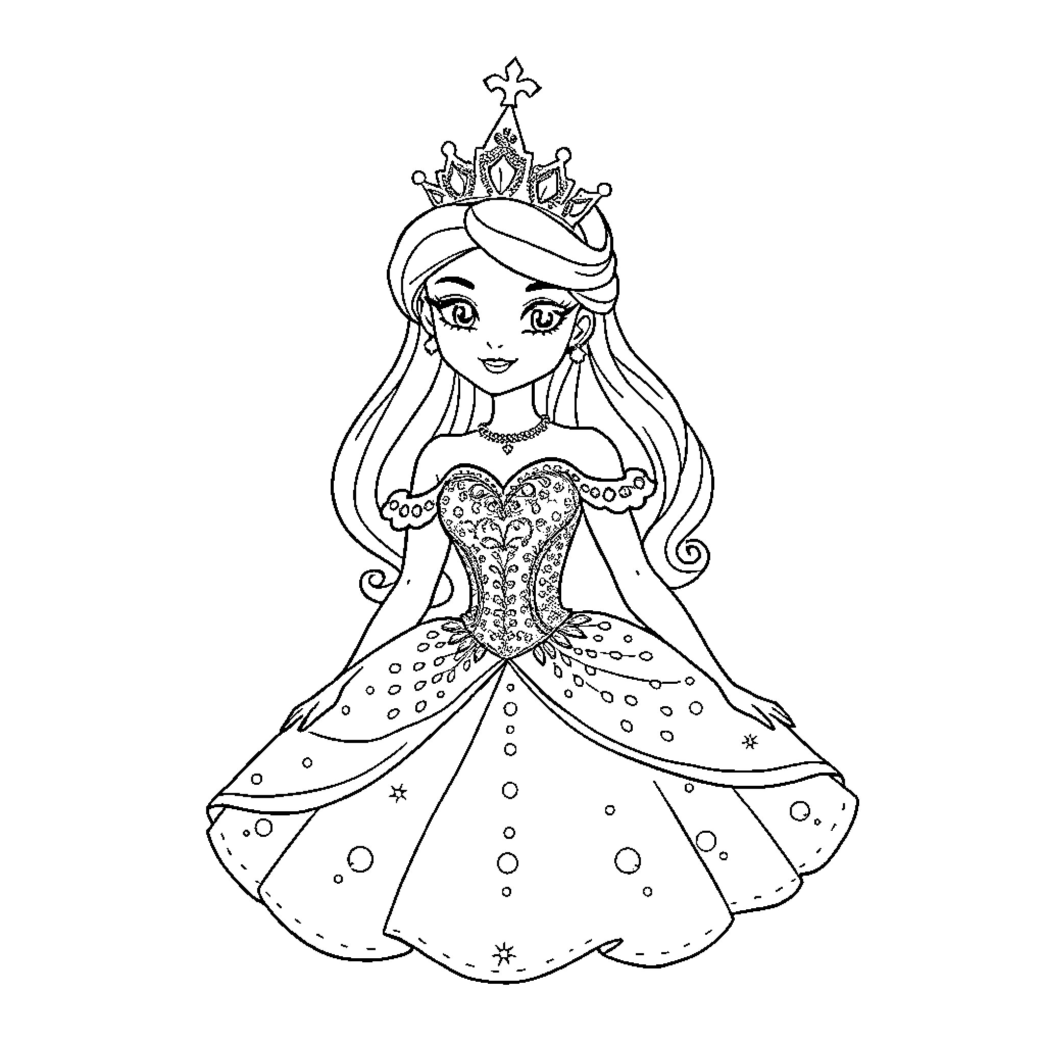 Princess in Sparkling Gown with Tiara Coloring Page (free black-and-white line drawing printable PDF for all, from beginners to advanced learners, including children, teens, adults, and seniors)