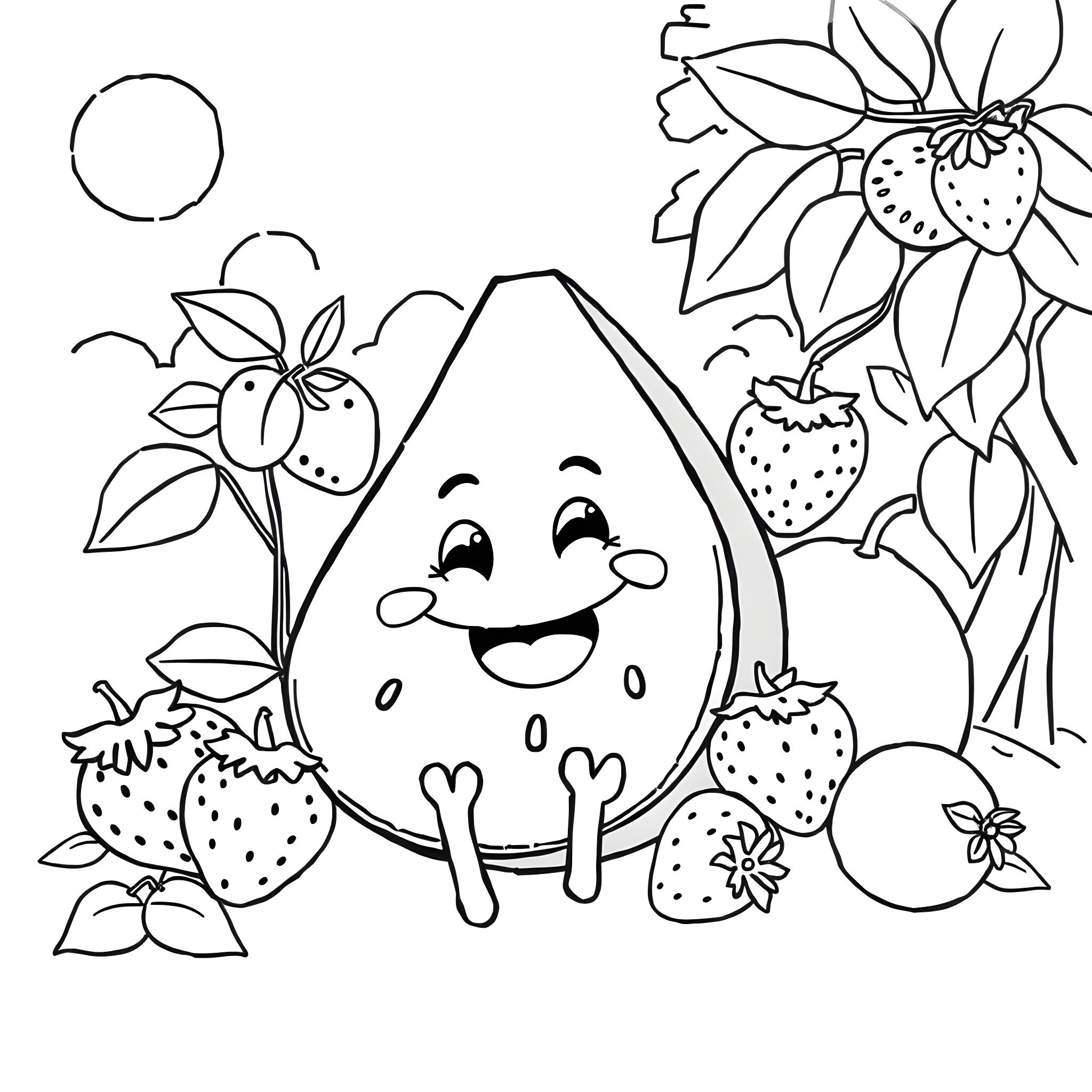 Watermelon playing happily with strawberries in the garden Coloring Page (free black-and-white line drawing printable PDF for all, from beginners to advanced learners, including children, teens, adults, and seniors)