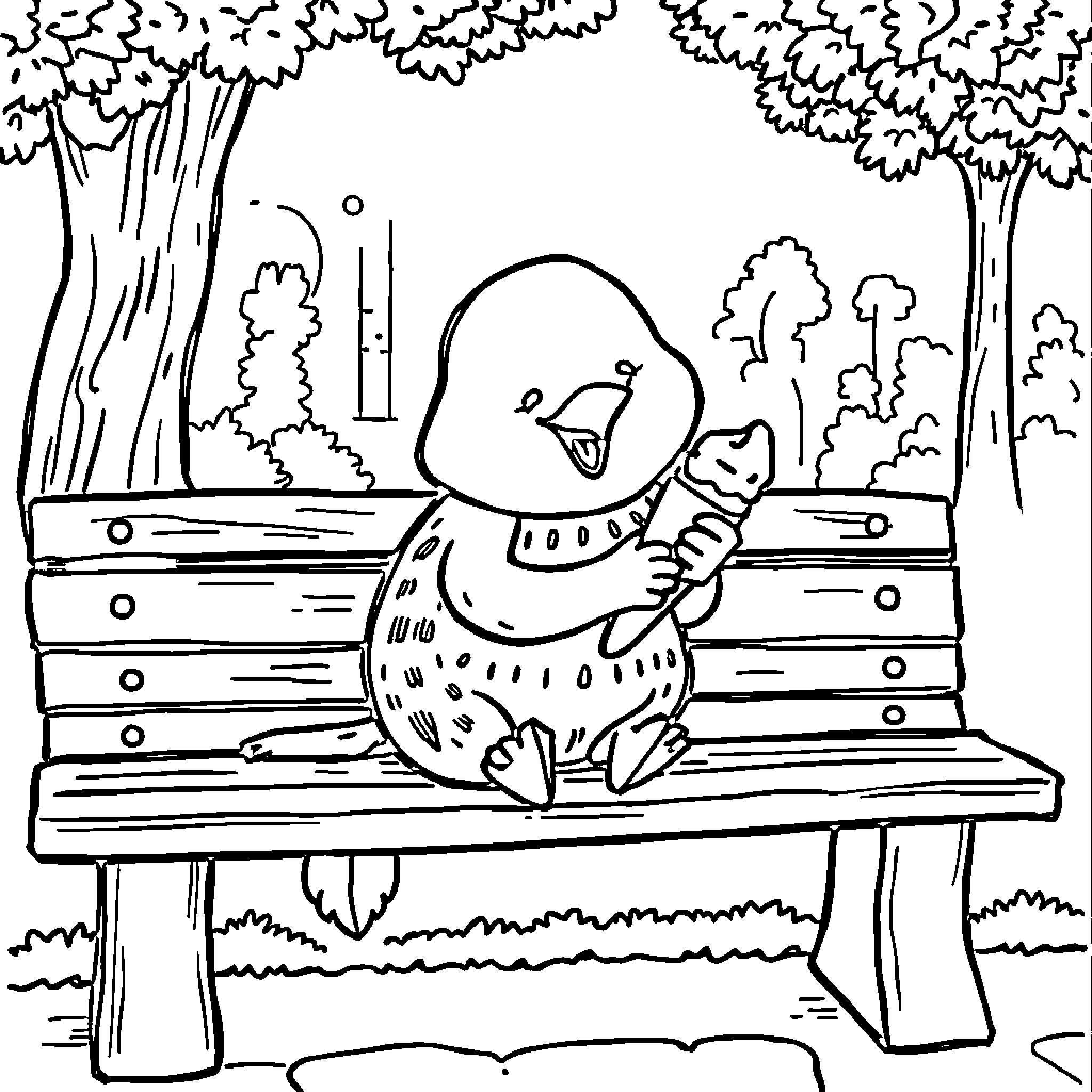 Titeuf character eating ice cream on a park bench Coloring Page (free black-and-white line drawing printable PDF for all, from beginners to advanced learners, including children, teens, adults, and seniors)