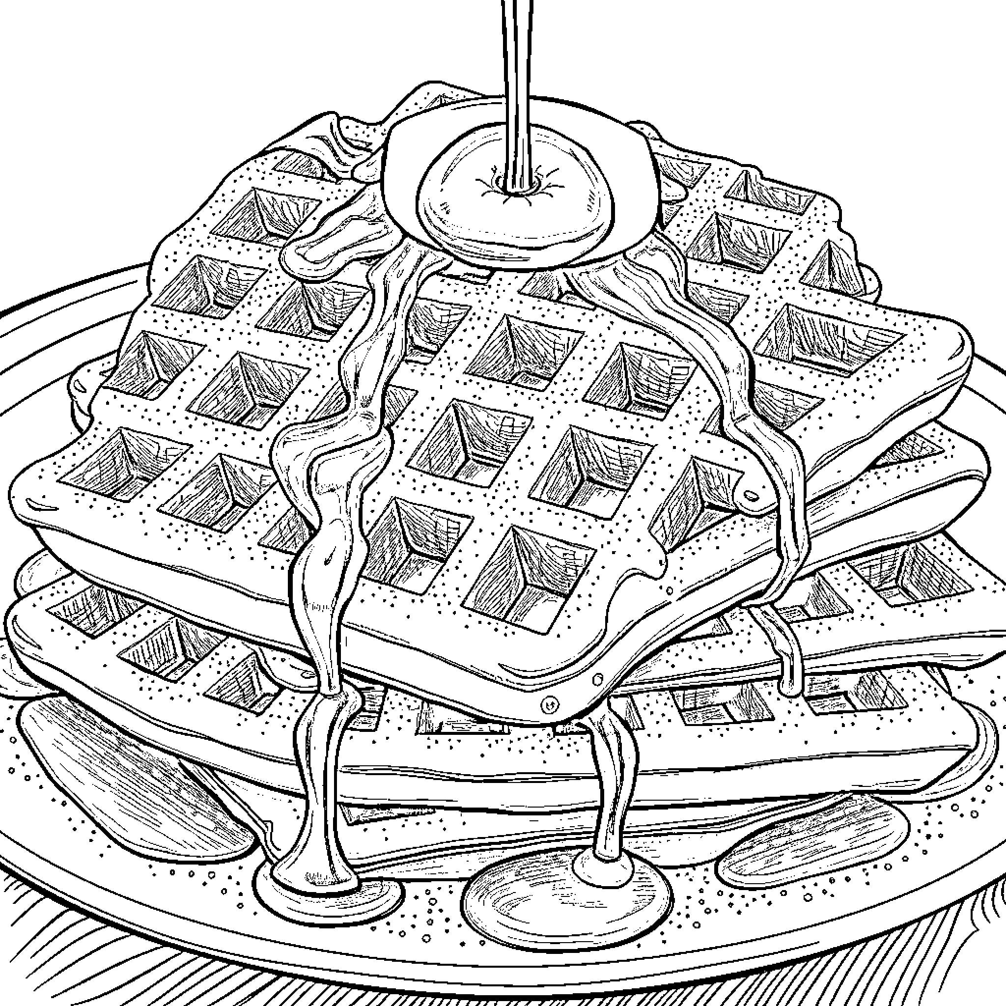 Waffle Stack with Delicious Toppings Coloring Page (free black-and-white line drawing printable PDF for all, from beginners to advanced learners, including children, teens, adults, and seniors)