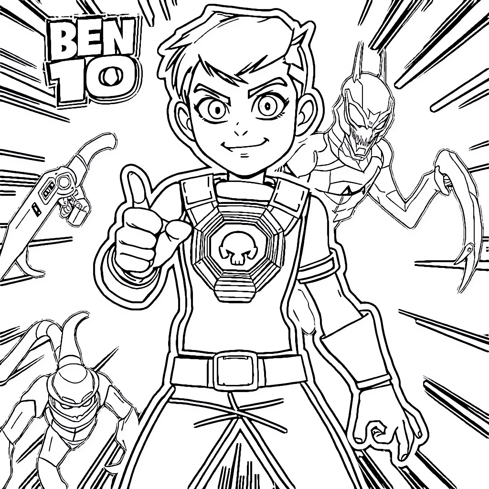 Ben 10 battles heroically with alien transformations Coloring Page (free black-and-white line drawing printable PDF for all, from beginners to advanced learners, including children, teens, adults, and seniors)