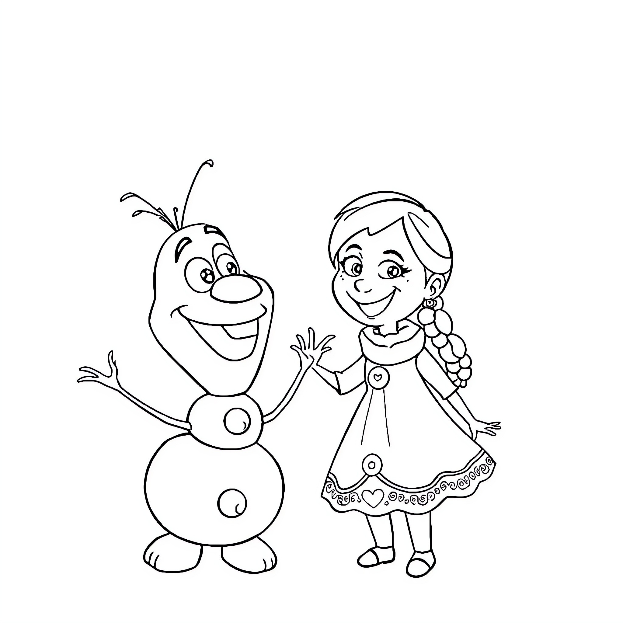 Olaf and Young Girl Enjoying a Friendly Moment Coloring Page (free black-and-white line drawing printable PDF for all, from beginners to advanced learners, including children, teens, adults, and seniors)