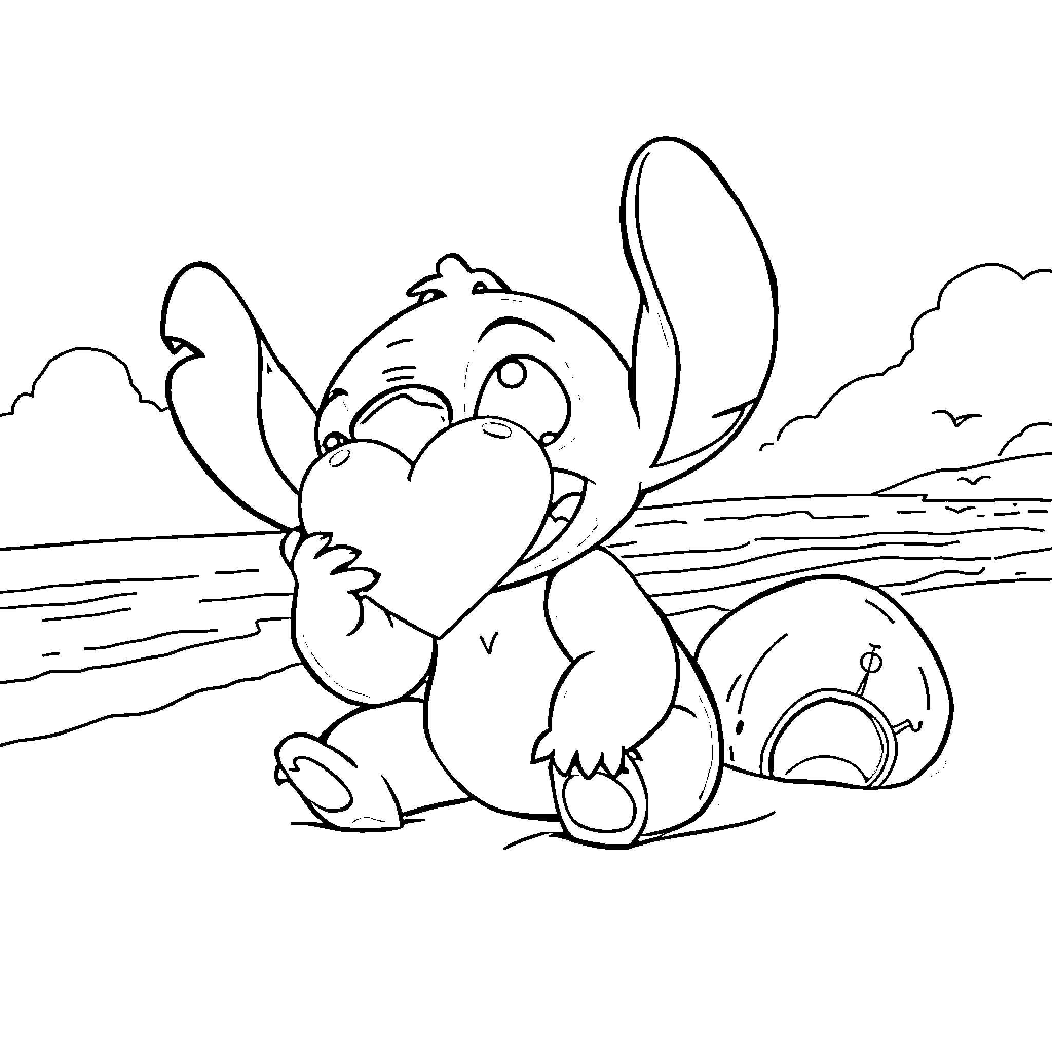 Stitch relaxing at the beach Coloring Page (free black-and-white line drawing printable PDF for all, from beginners to advanced learners, including children, teens, adults, and seniors)