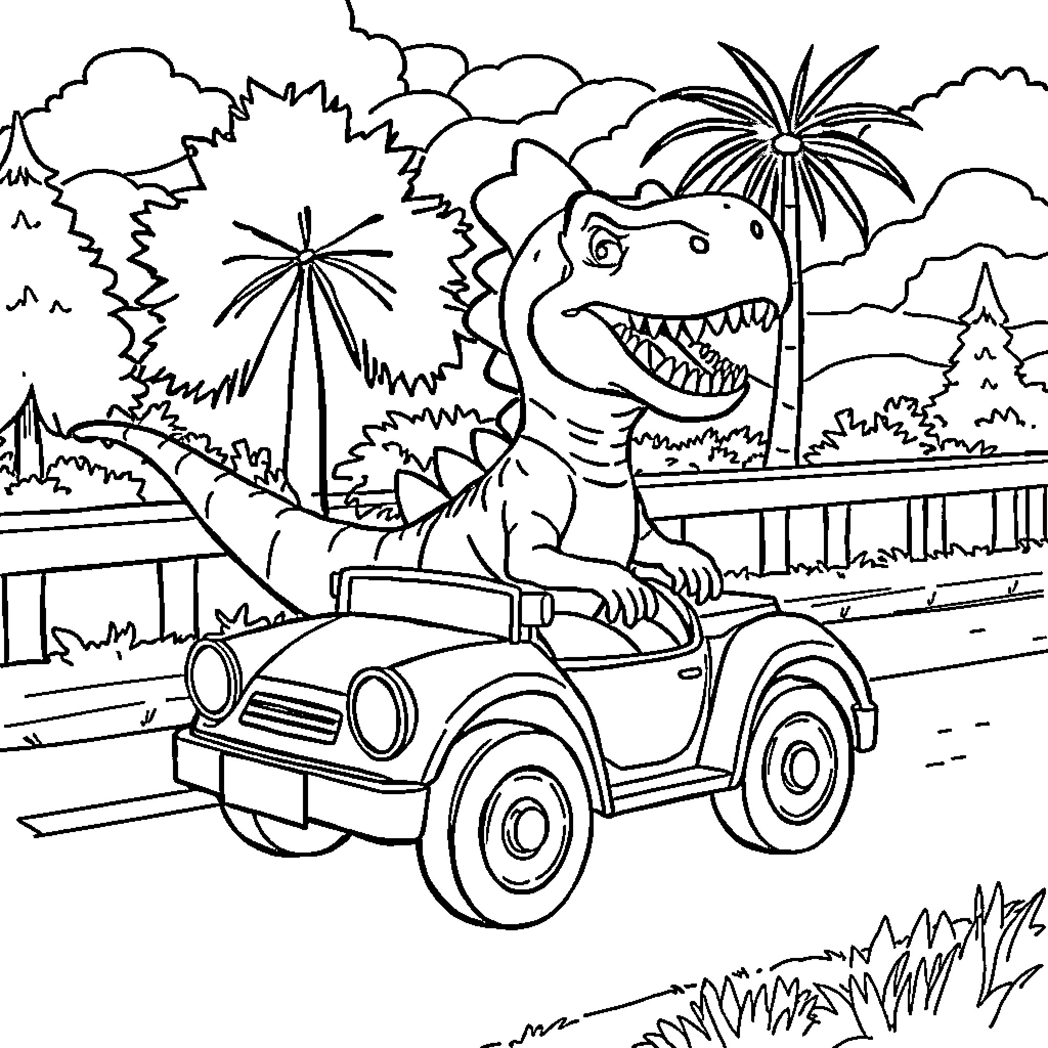 Dinosaur driving a jeep through the jungle Coloring Page (free black-and-white line drawing printable PDF for all, from beginners to advanced learners, including children, teens, adults, and seniors)