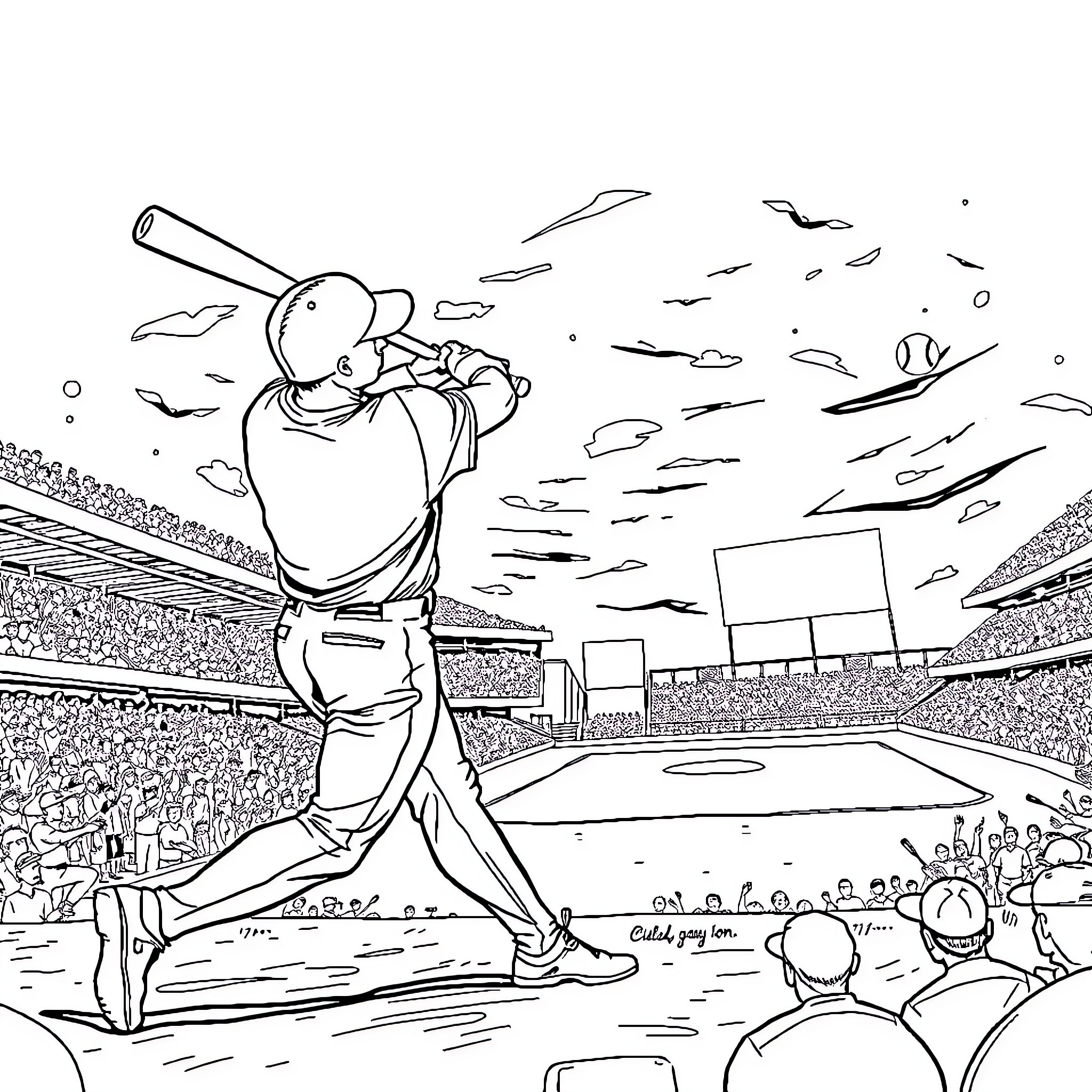 Baseball Player Batting on Field with Crowd Coloring Page (free black-and-white line drawing printable PDF for all, from beginners to advanced learners, including children, teens, adults, and seniors)