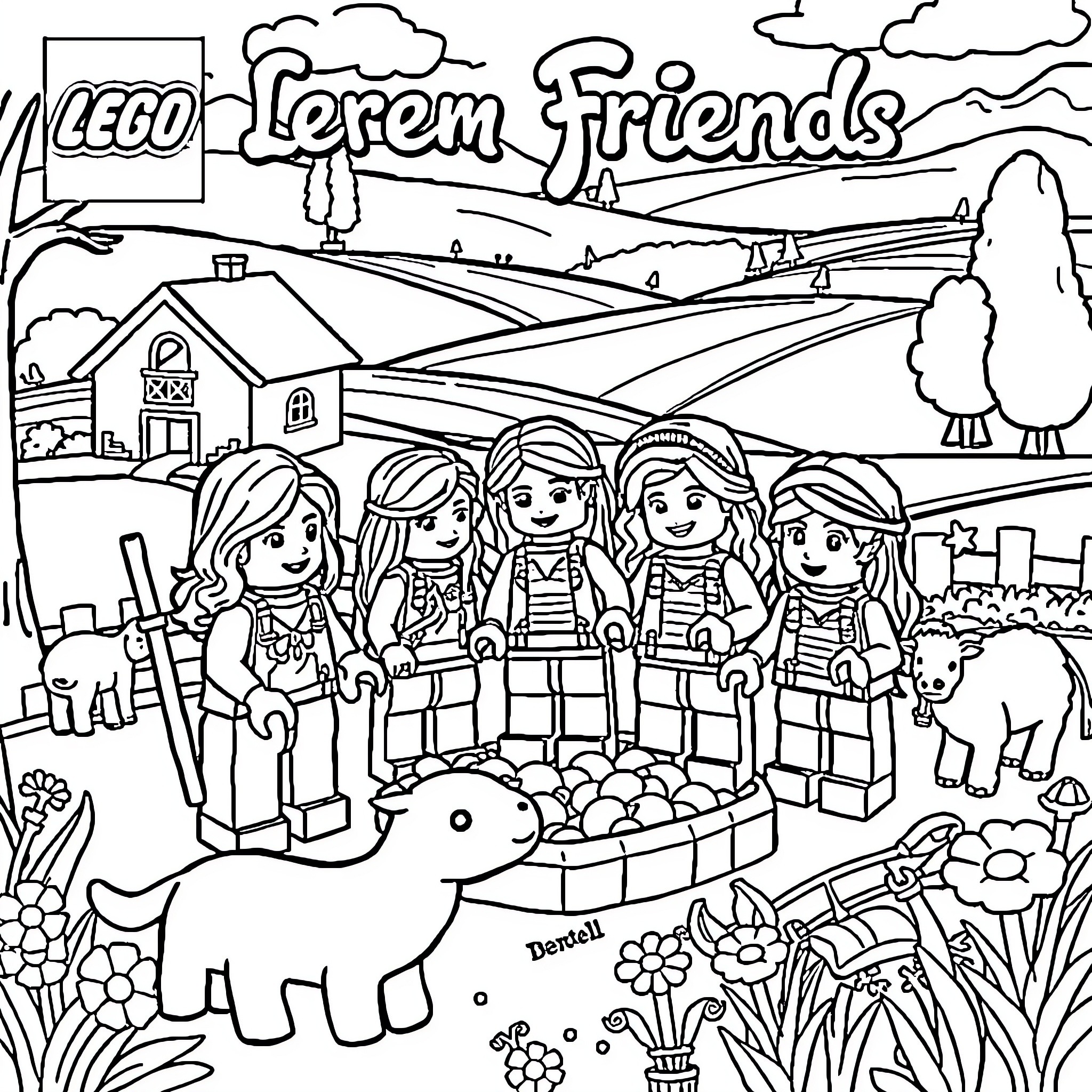 Lego Friends in a peaceful countryside setting Coloring Page (free black-and-white line drawing printable PDF for all, from beginners to advanced learners, including children, teens, adults, and seniors)