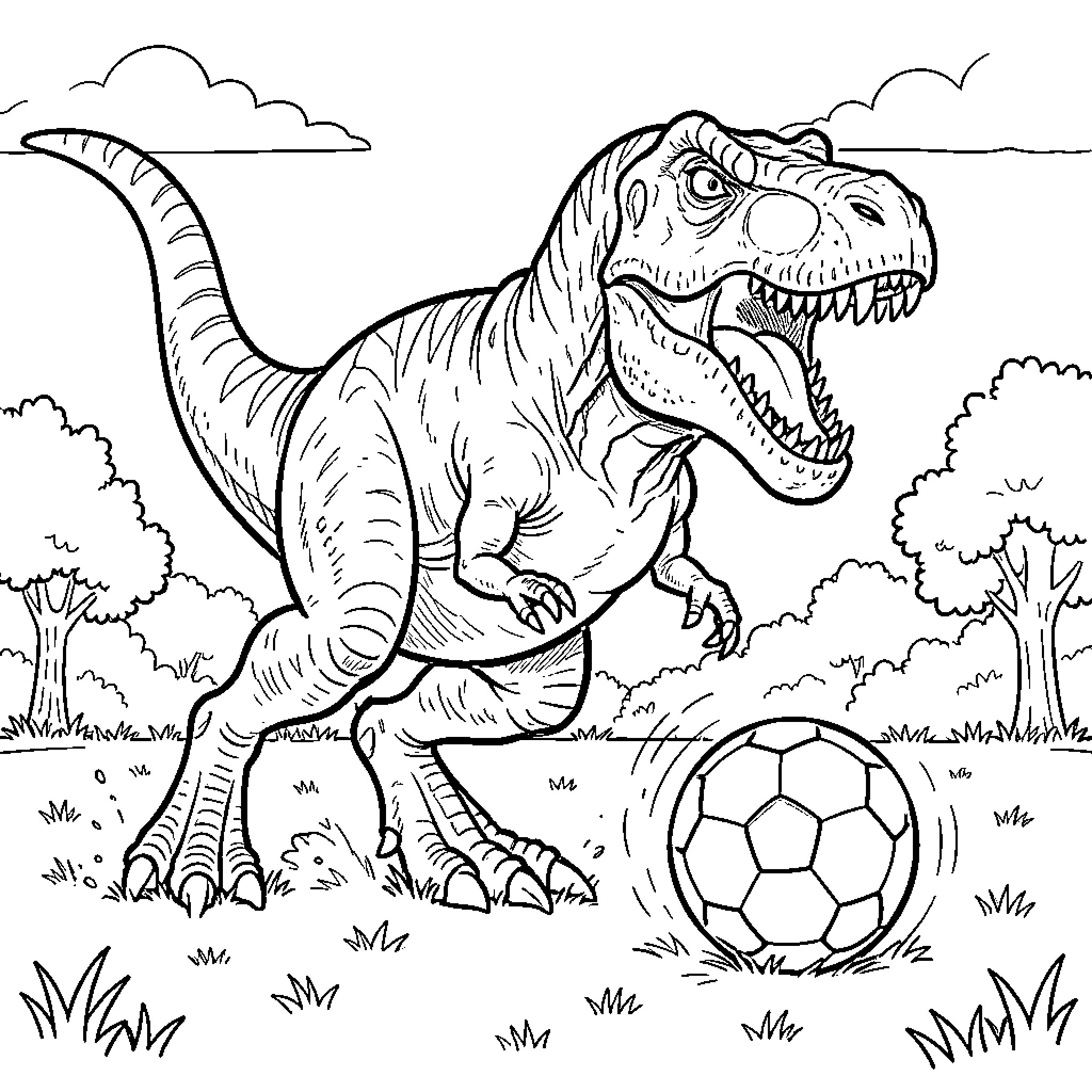 T-Rex playing soccer in a grassy field Coloring Page (free black-and-white line drawing printable PDF for all, from beginners to advanced learners, including children, teens, adults, and seniors)