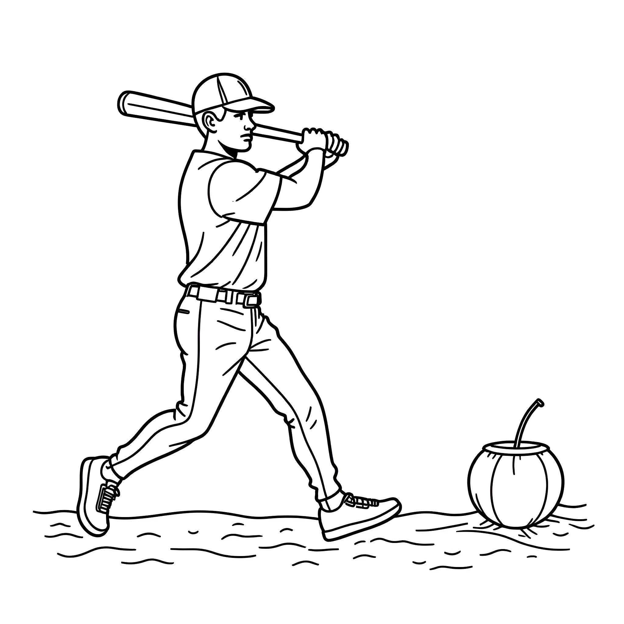 Baseball Player Batting in the Outfield Coloring Page (free black-and-white line drawing printable PDF for all, from beginners to advanced learners, including children, teens, adults, and seniors)