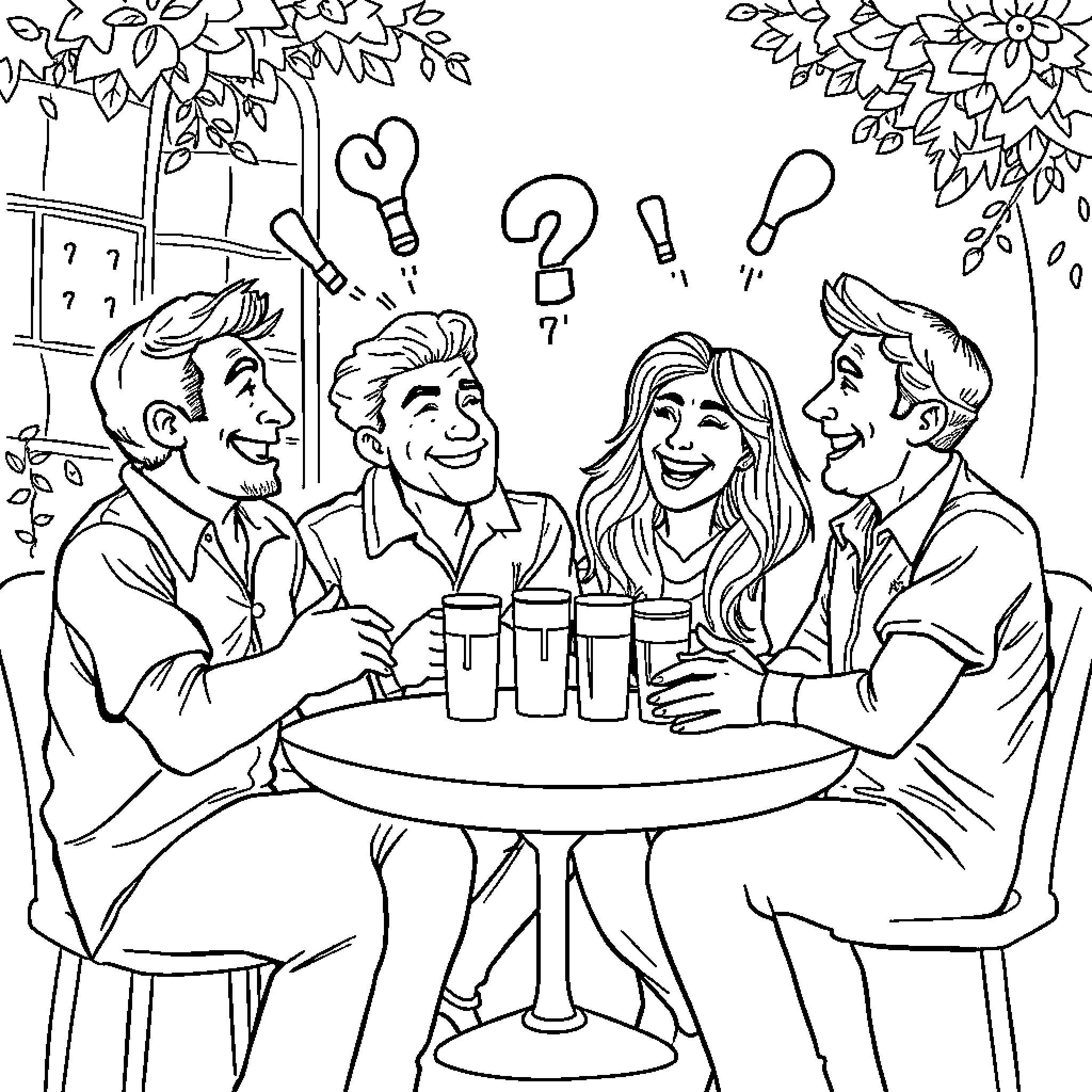 Brainrot Gathering of Friends Coloring Page (free black-and-white line drawing printable PDF for all, from beginners to advanced learners, including children, teens, adults, and seniors)