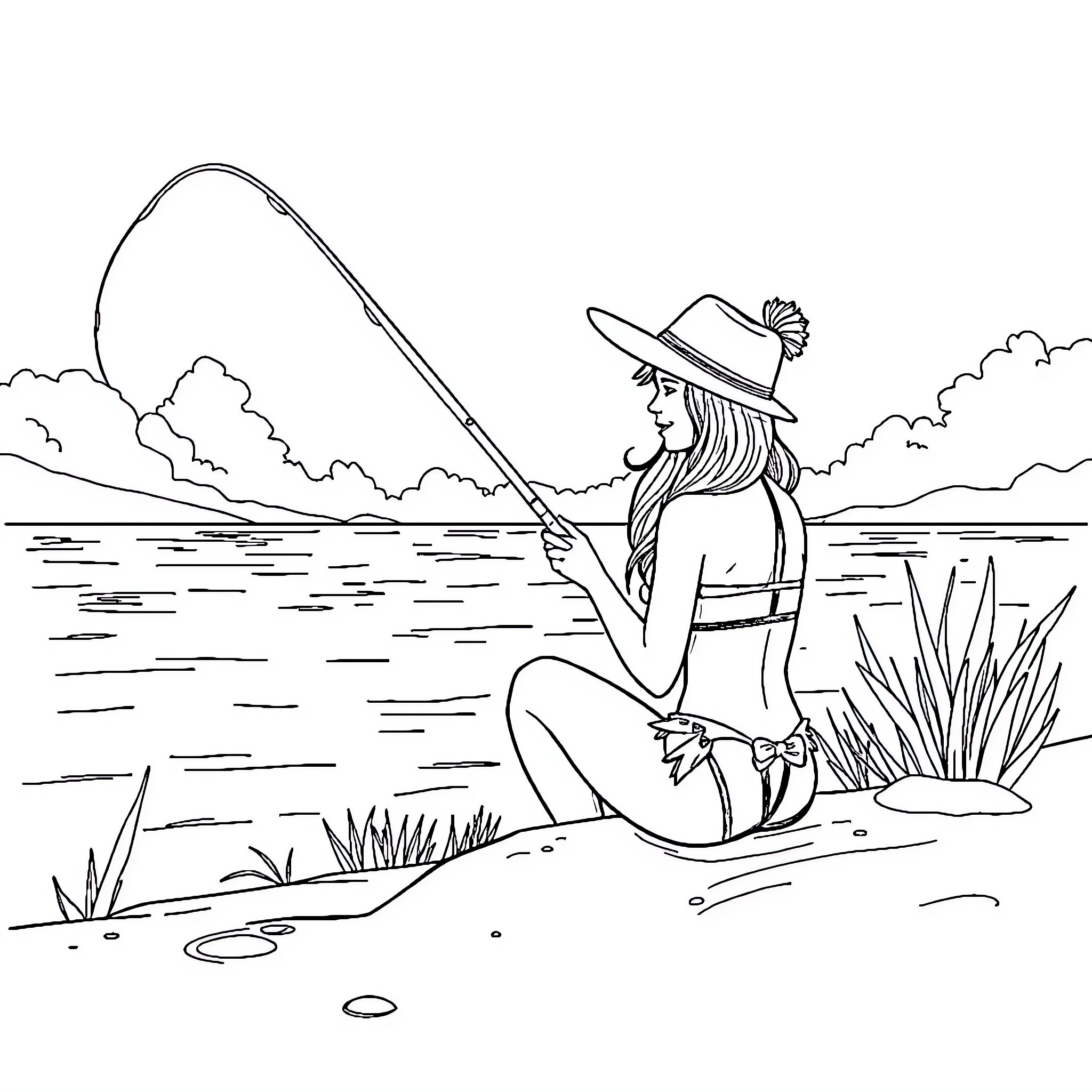 Girl fishing peacefully by the lake Coloring Page (free black-and-white line drawing printable PDF for all, from beginners to advanced learners, including children, teens, adults, and seniors)