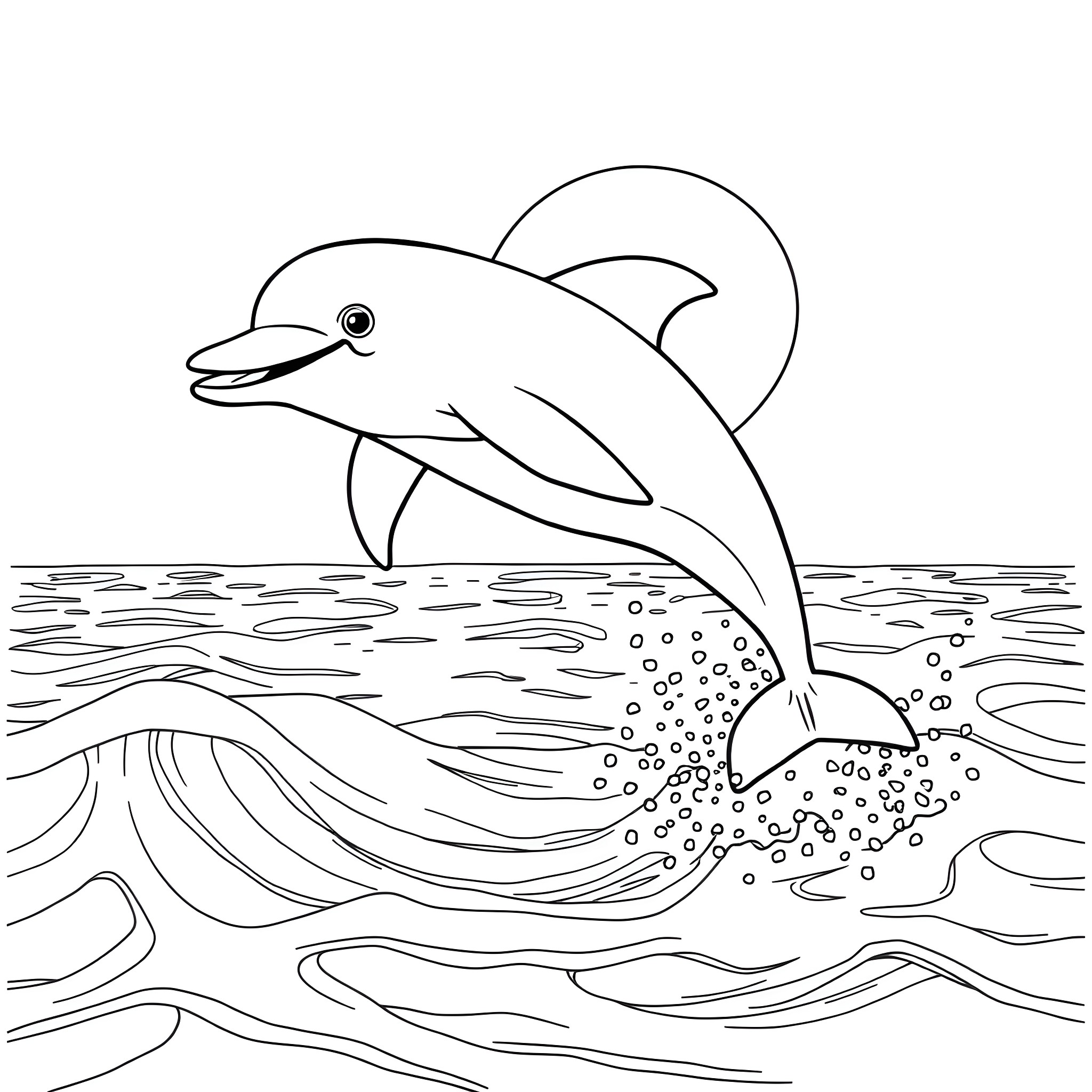 Dolphin jumping playfully in the ocean Coloring Page (free black-and-white line drawing printable PDF for all, from beginners to advanced learners, including children, teens, adults, and seniors)