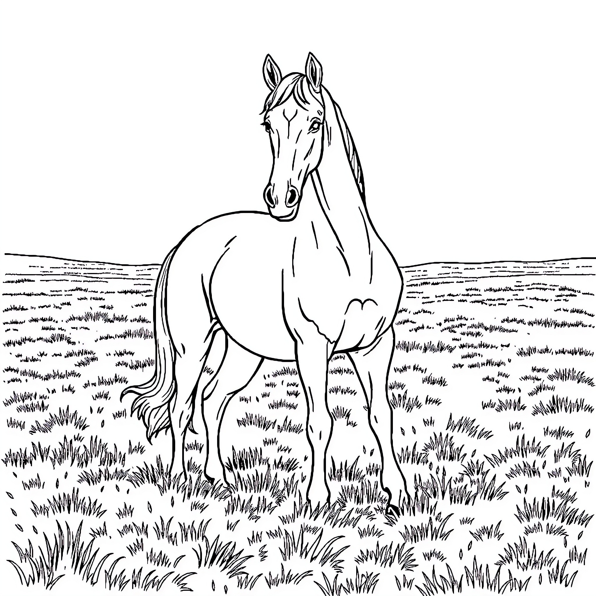 Kuda: Horse Standing Peacefully in the Grassland Coloring Page (free black-and-white line drawing printable PDF for all, from beginners to advanced learners, including children, teens, adults, and seniors)