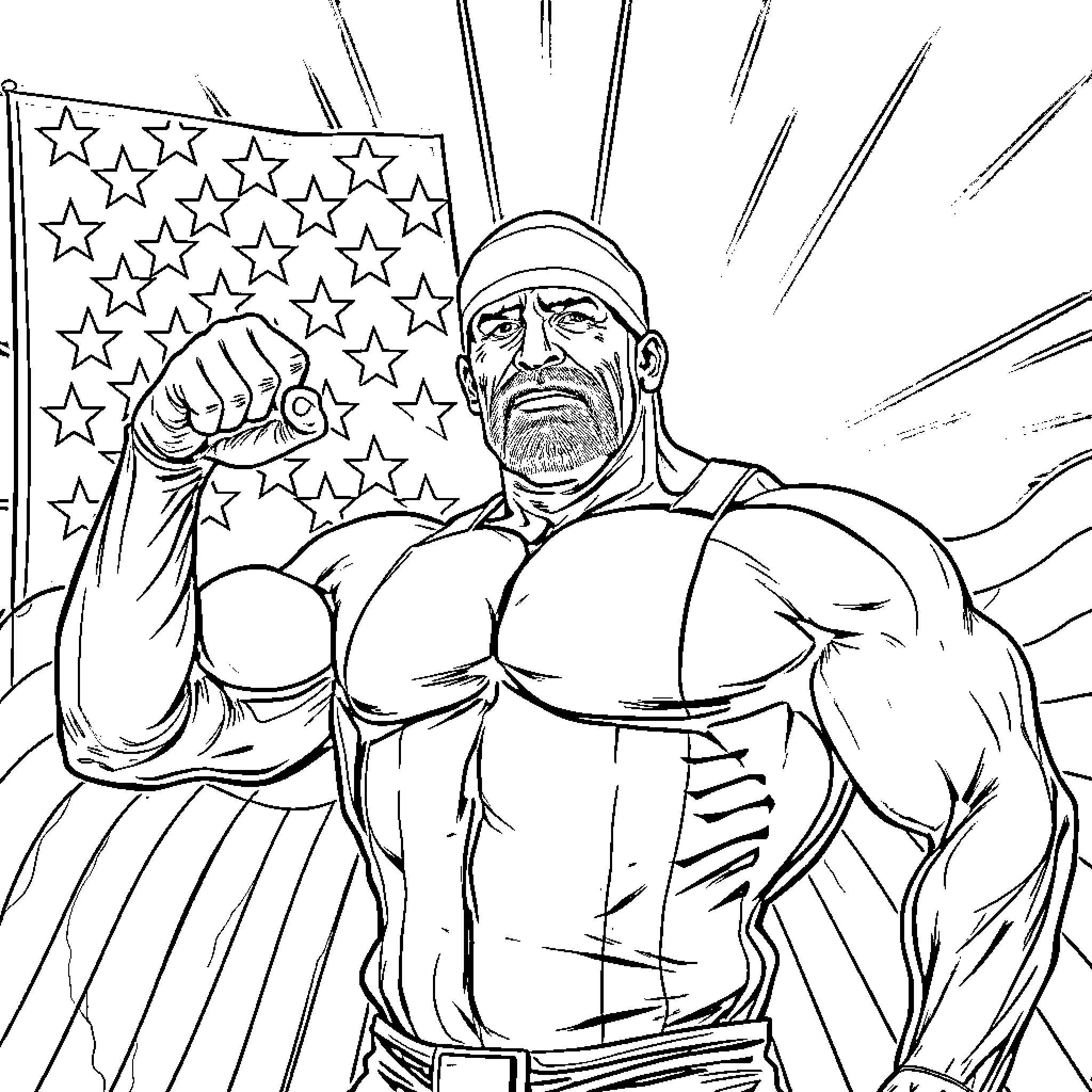 Hulk Hogan flexing with American flag backdrop Coloring Page (free black-and-white line drawing printable PDF for all, from beginners to advanced learners, including children, teens, adults, and seniors)