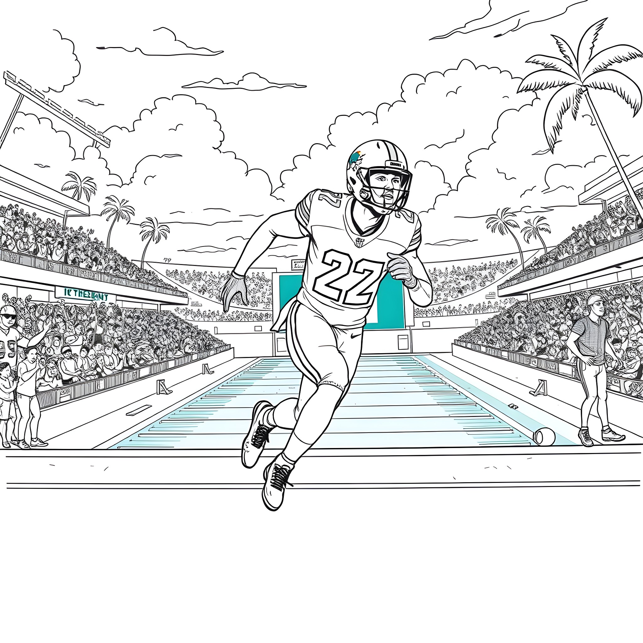 Tyreek Hill running on the field Coloring Page (free black-and-white line drawing printable PDF for all, from beginners to advanced learners, including children, teens, adults, and seniors)