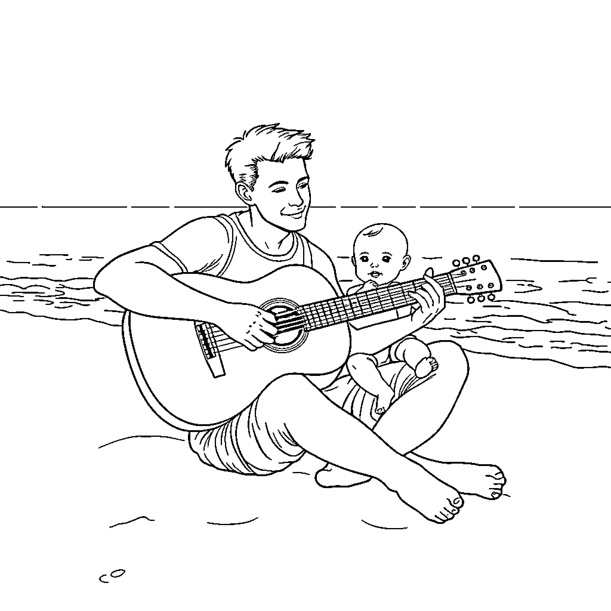 Guitar player performing on the beach Coloring Page (free black-and-white line drawing printable PDF for all, from beginners to advanced learners, including children, teens, adults, and seniors)