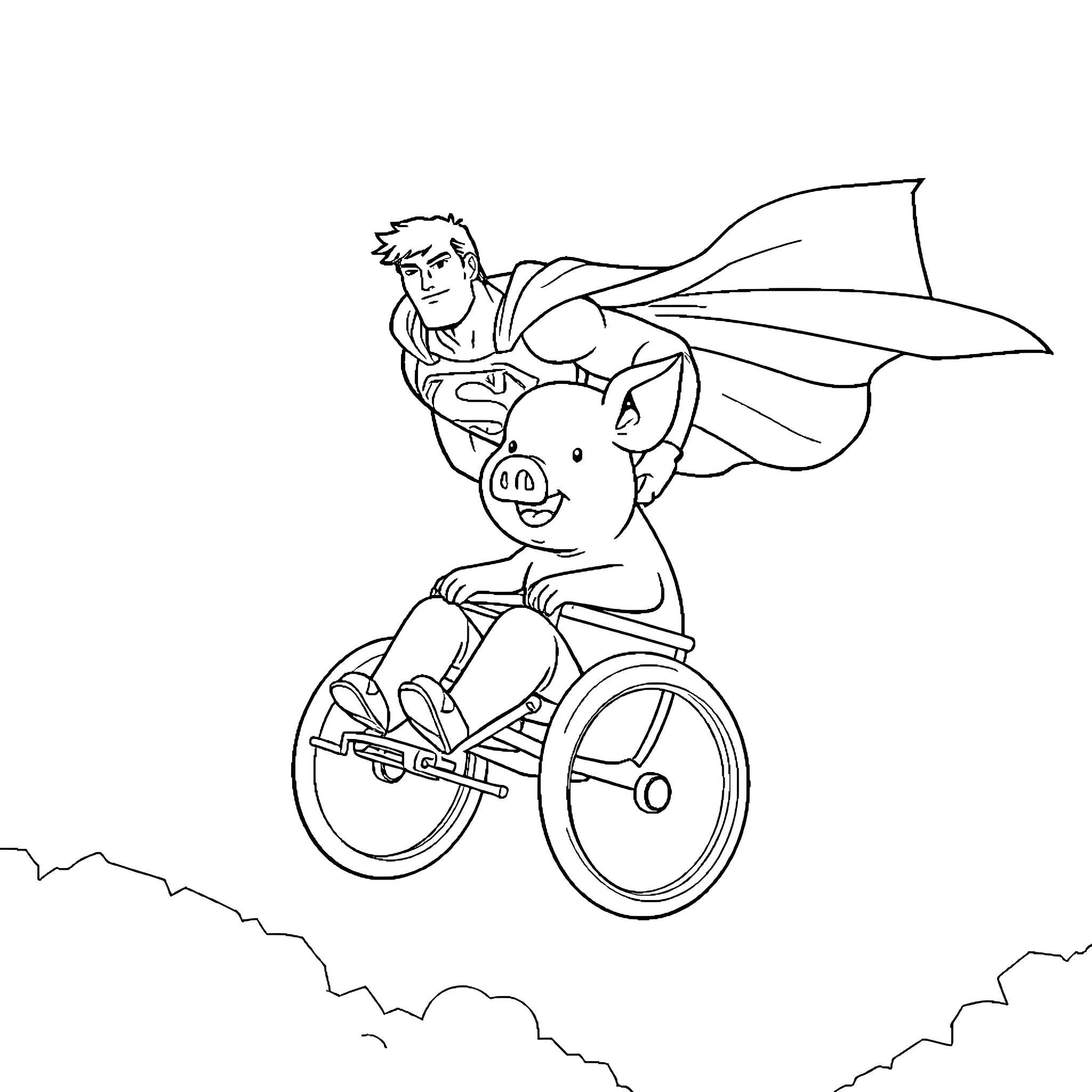 Superman Soaring with Wheelchair-Bound Pig Companion Coloring Page (free black-and-white line drawing printable PDF for all, from beginners to advanced learners, including children, teens, adults, and seniors)