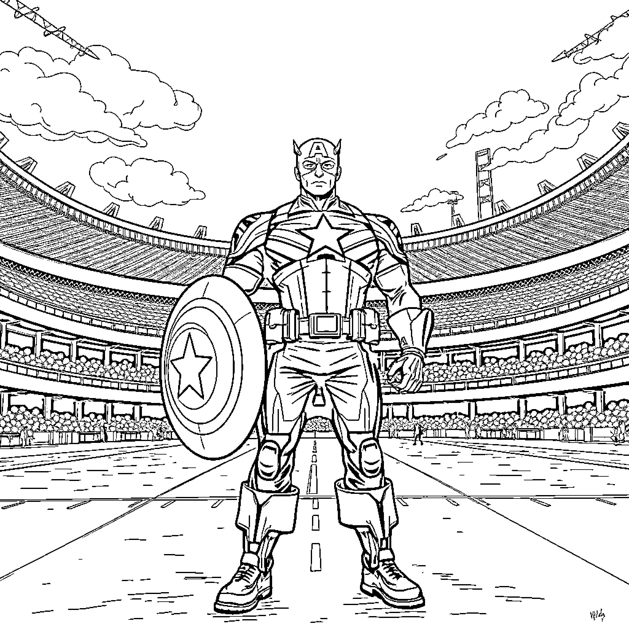 Captain America Stands Strong in the Stadium Coloring Page (free black-and-white line drawing printable PDF for all, from beginners to advanced learners, including children, teens, adults, and seniors)