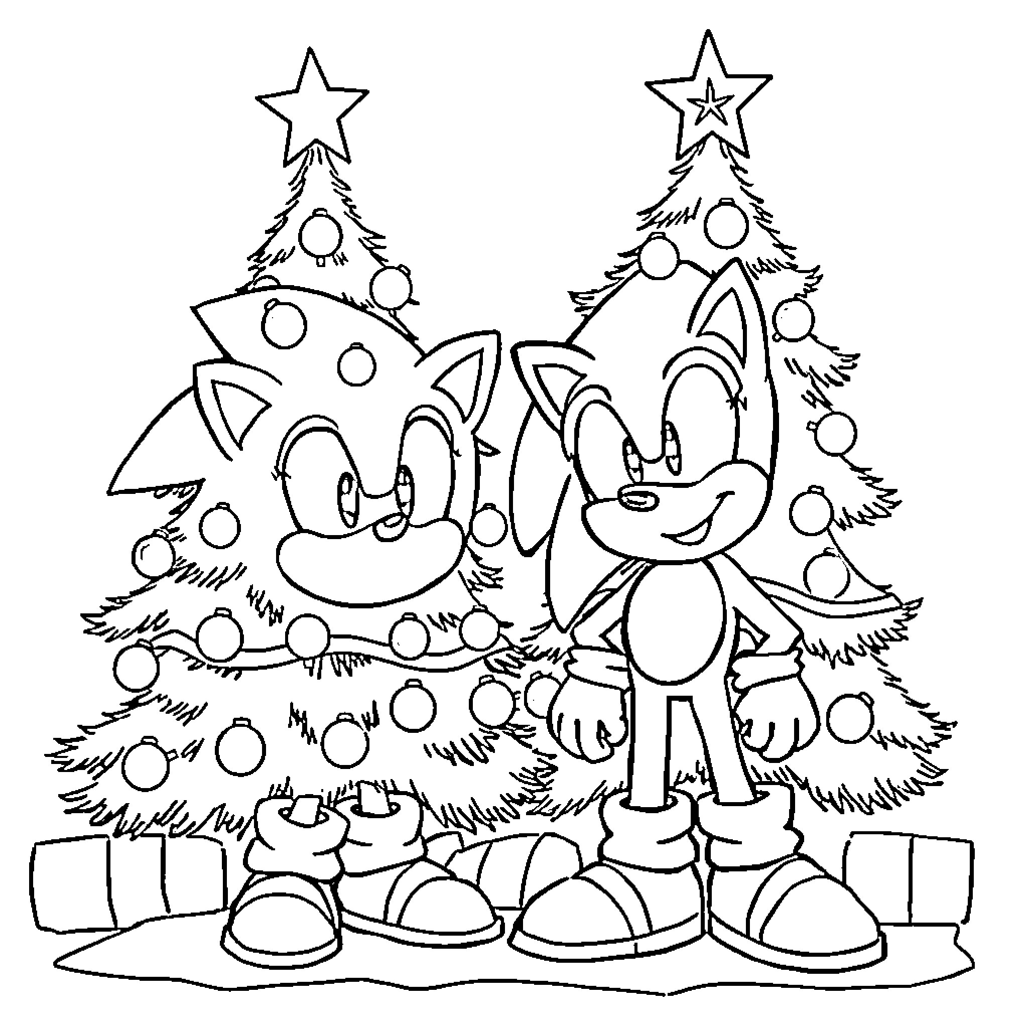 Christmas Tree with Playful Cartoon Characters Coloring Page (free black-and-white line drawing printable PDF for all, from beginners to advanced learners, including children, teens, adults, and seniors)